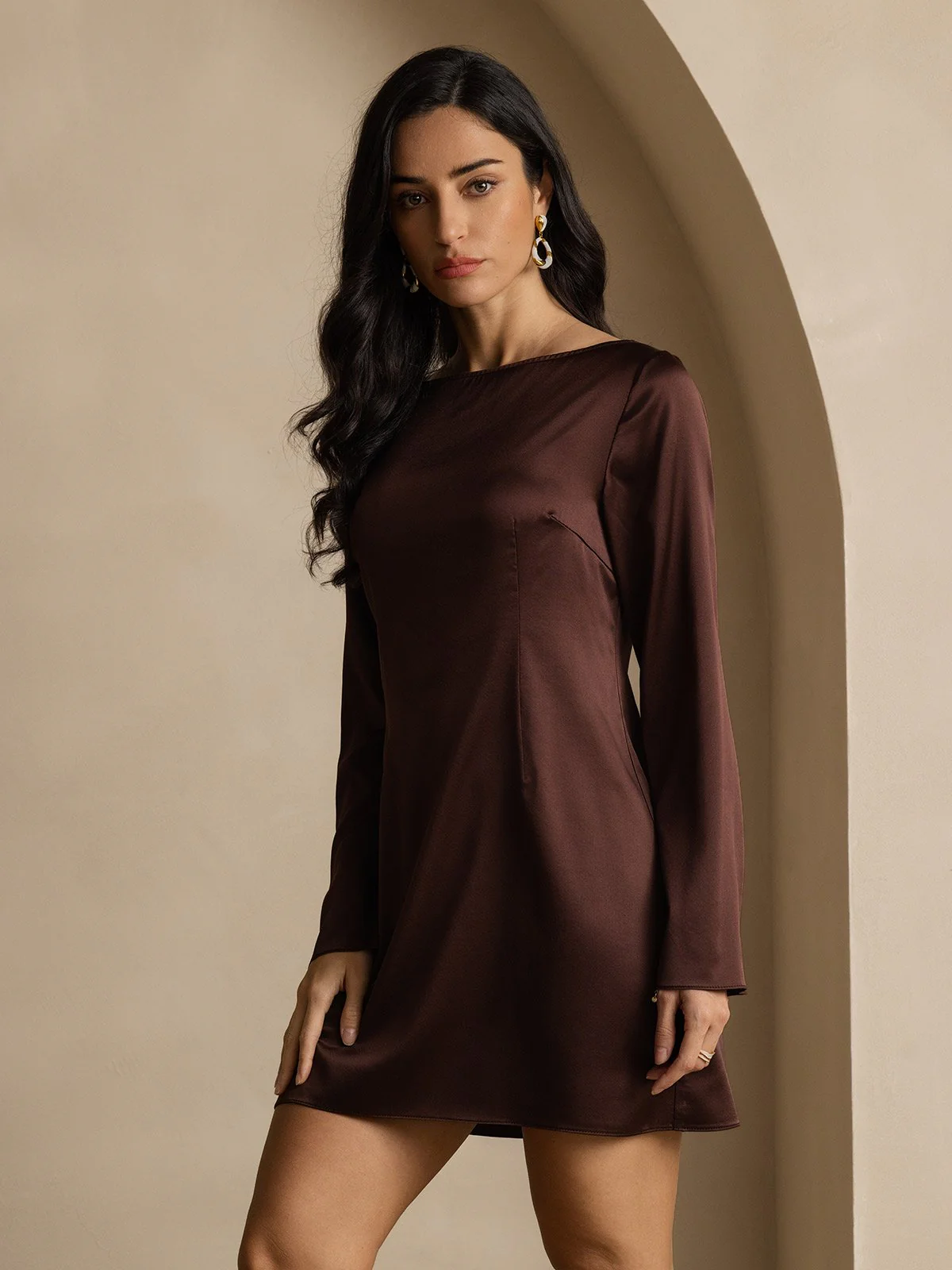 19Momme Silk Long Sleeve Boat Neck Short Dress - Image 7