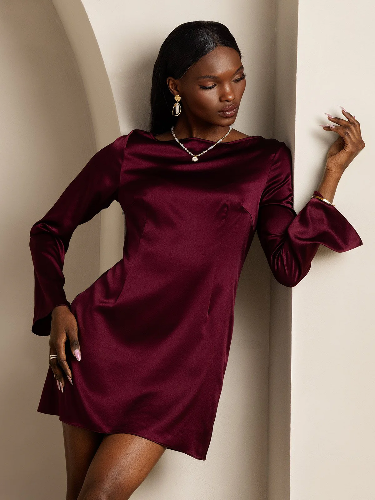 19Momme Silk Long Sleeve Boat Neck Short Dress - Image 9