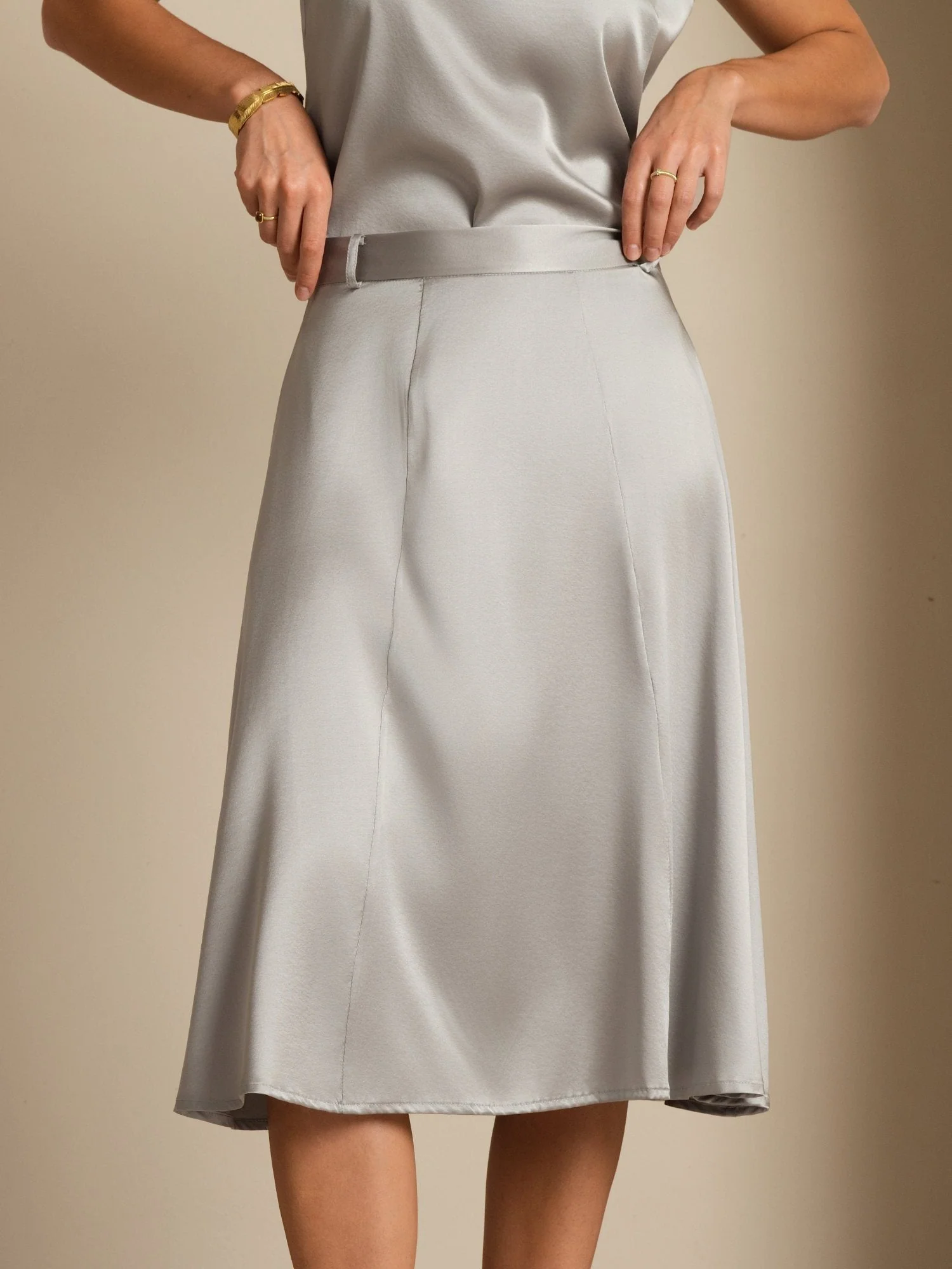 19Momme Silk High-Waist A-Line Midi Skirt with Pockets - Image 19