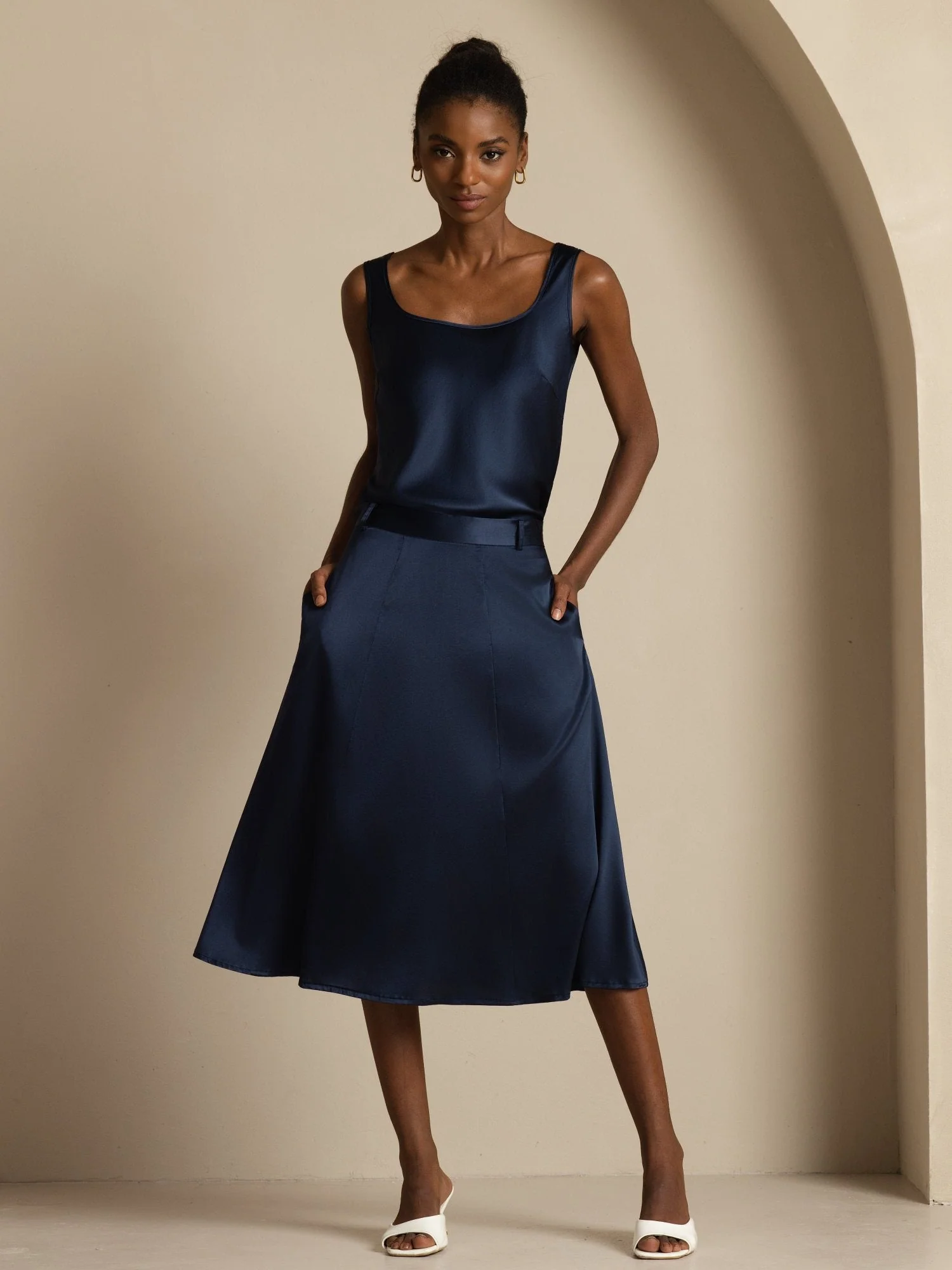 19Momme Silk High-Waist A-Line Midi Skirt with Pockets - Image 6