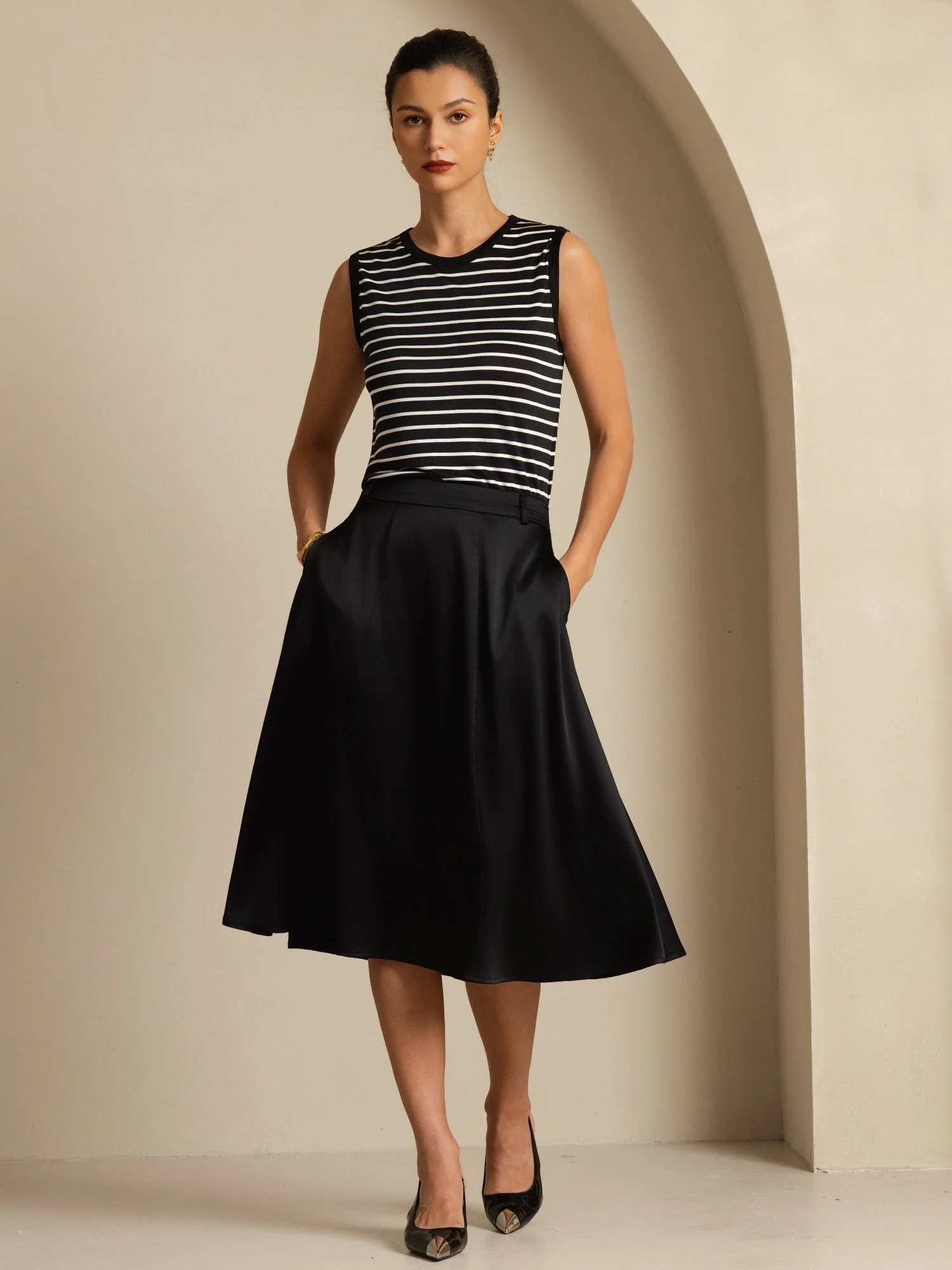 19Momme Silk High-Waist A-Line Midi Skirt with Pockets - Image 9