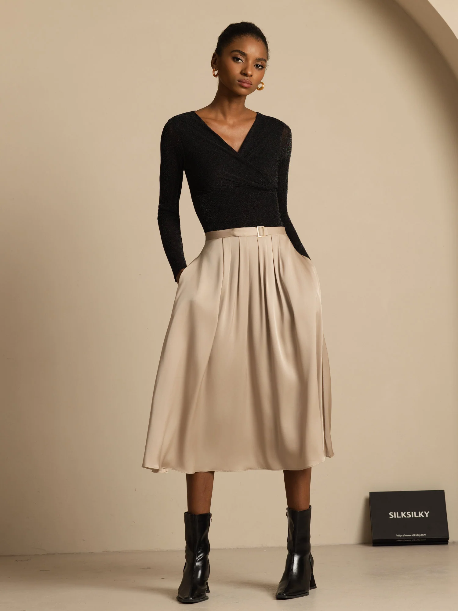 19Momme Silk High Waist A-Line Pleated Midi Skirt with Pockets - Image 5