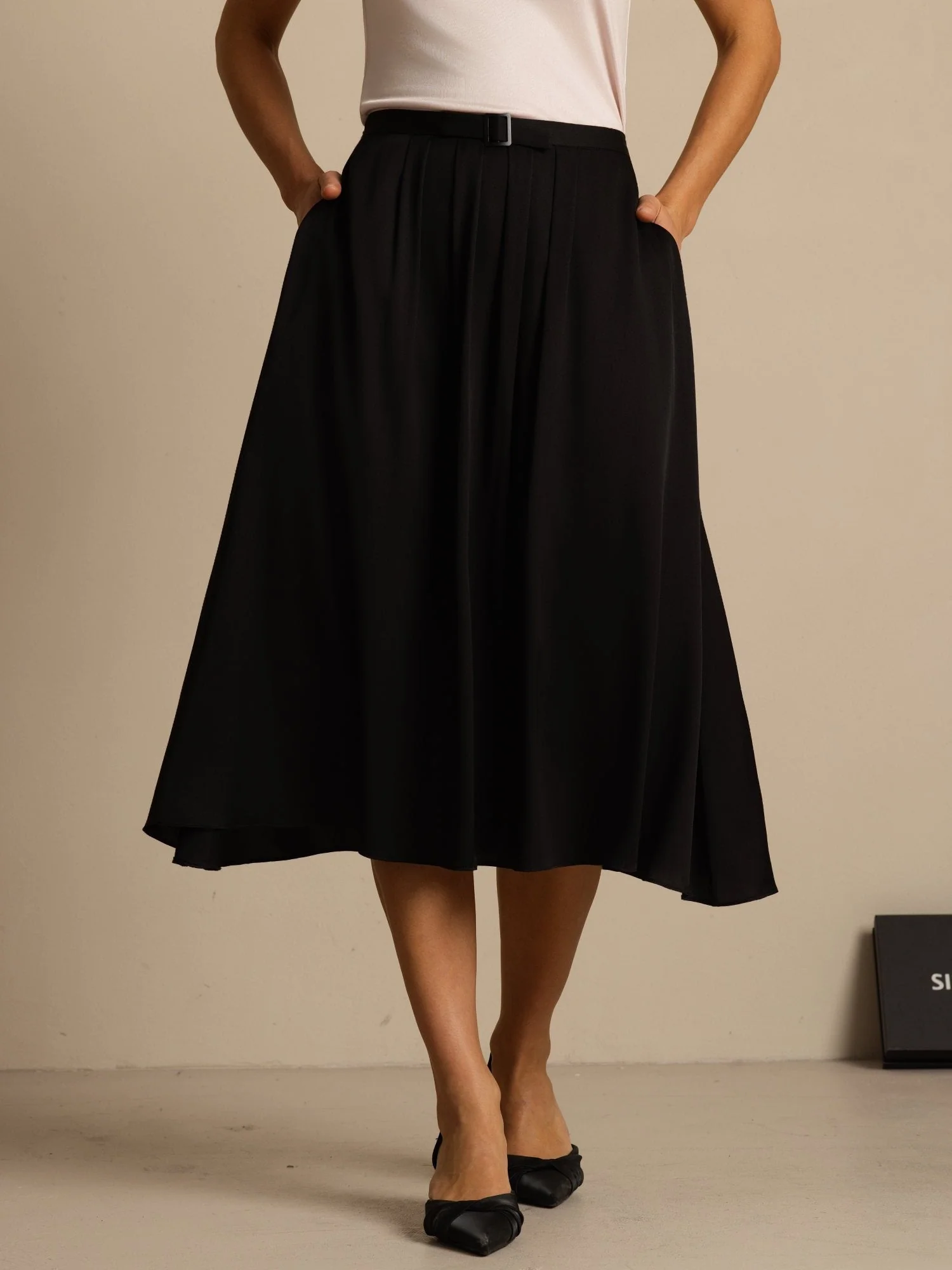 19Momme Silk High Waist A-Line Pleated Midi Skirt with Pockets - Image 8