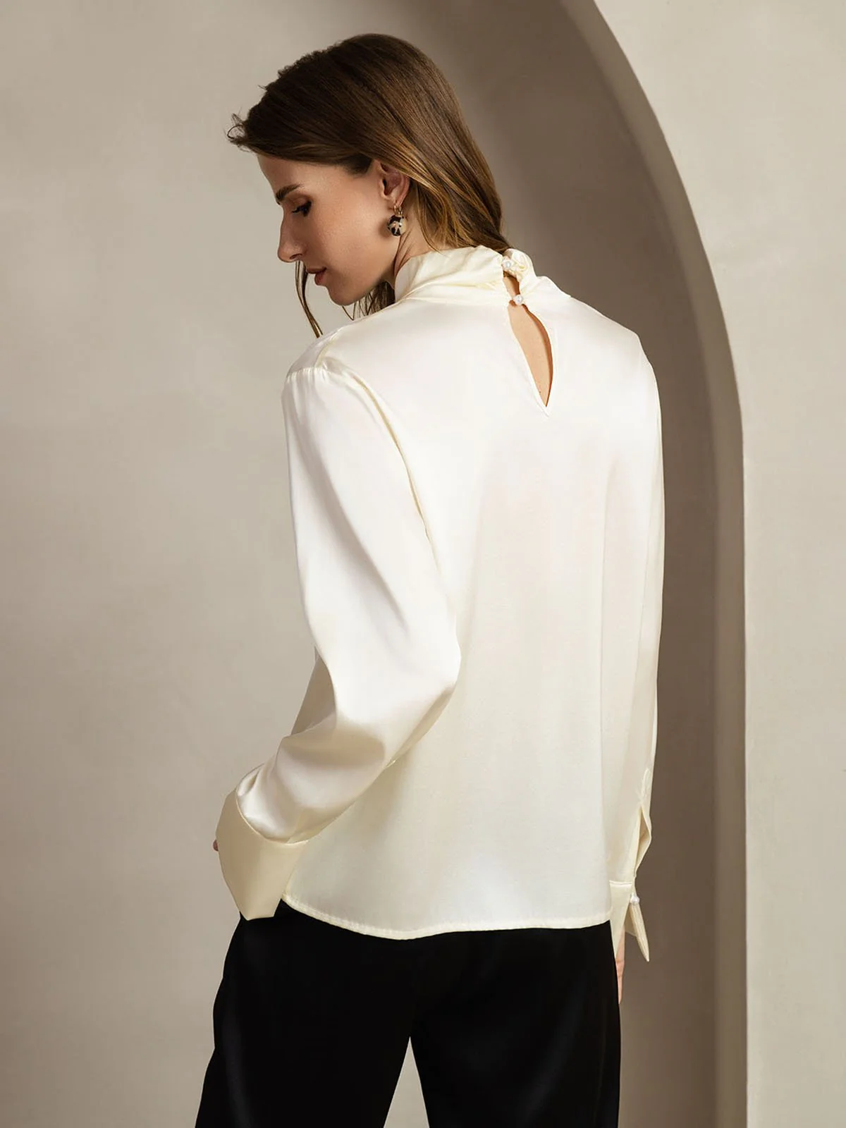 19Momme Silk Keyhole Neck Blouse with Pearl Buttons - Image 15