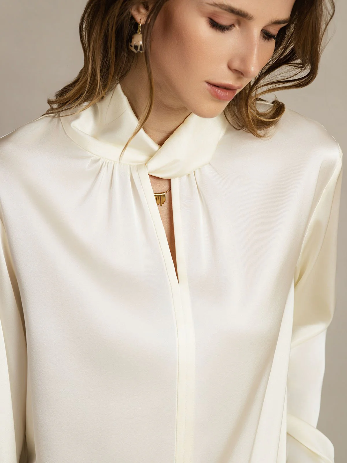 19Momme Silk Keyhole Neck Blouse with Pearl Buttons - Image 18