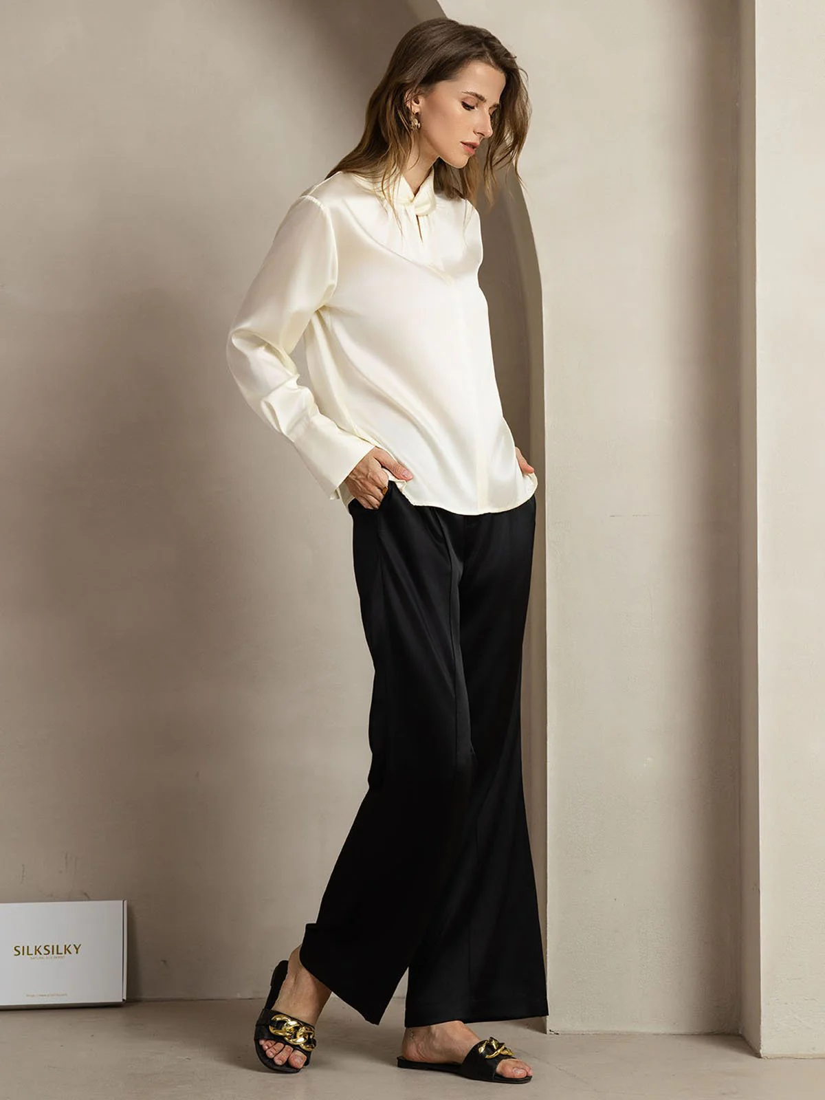 19Momme Silk Keyhole Neck Blouse with Pearl Buttons - Image 24