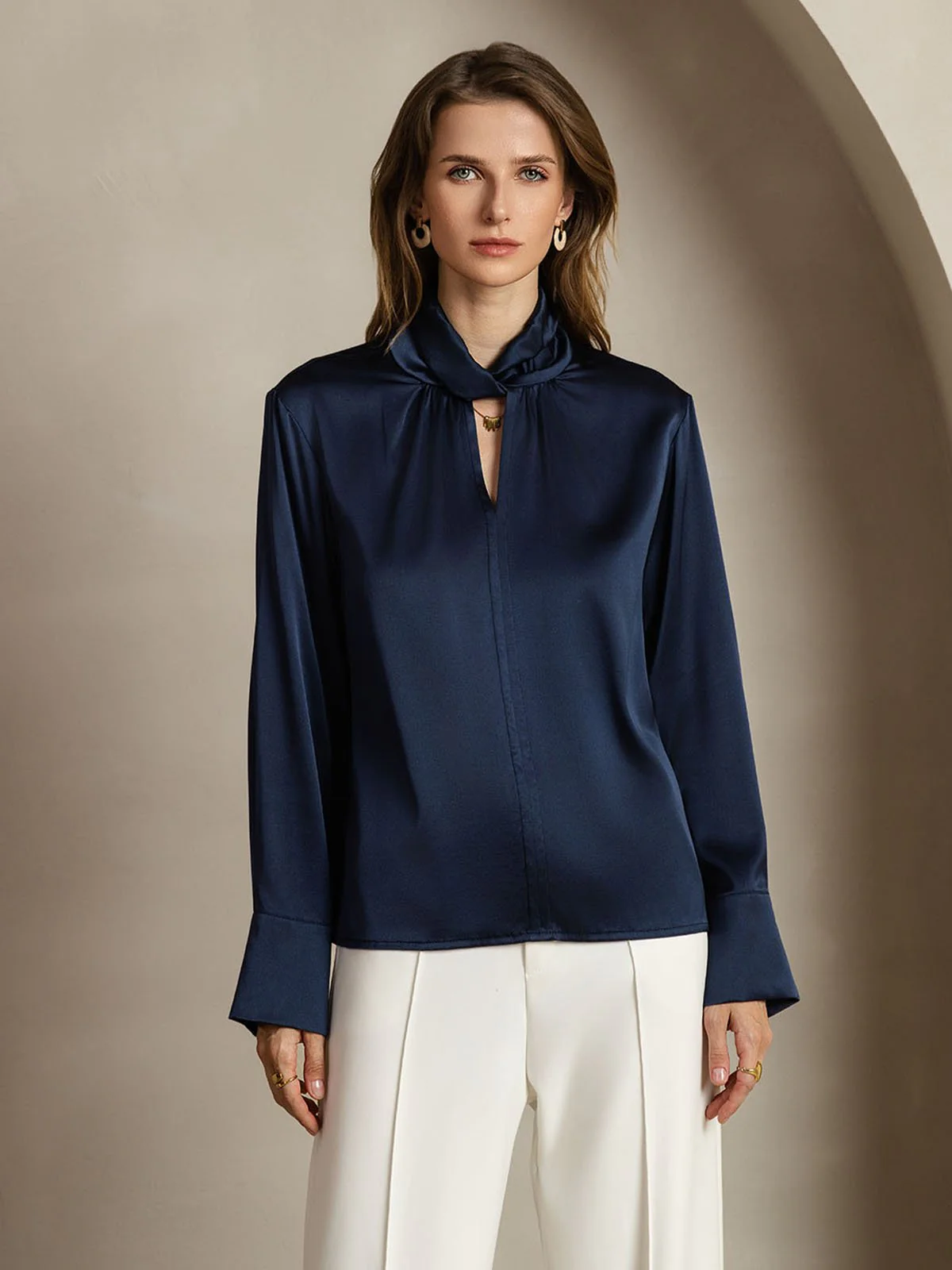 19Momme Silk Keyhole Neck Blouse with Pearl Buttons - Image 25
