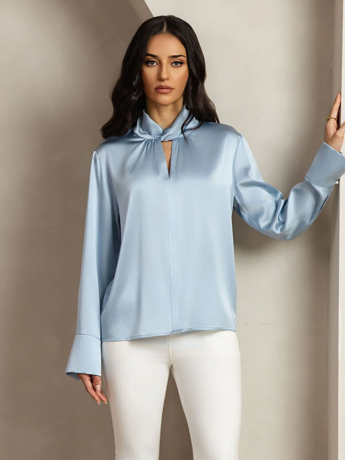 19Momme Silk Keyhole Neck Blouse with Pearl Buttons - Image 9