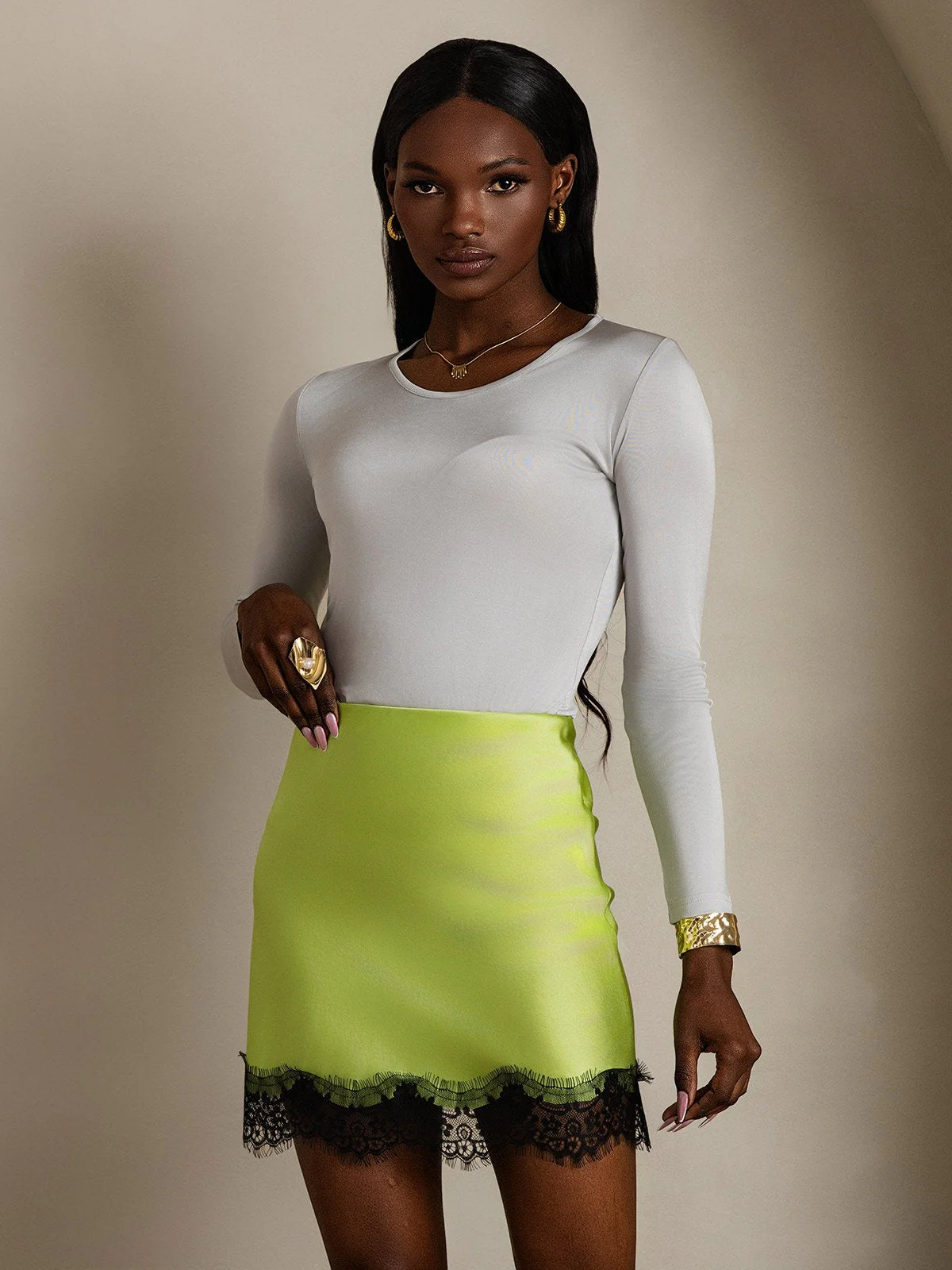 Clearance - 19Momme Silk Lace Straight Mini Skirt with Stretch Waist Design - Image 3