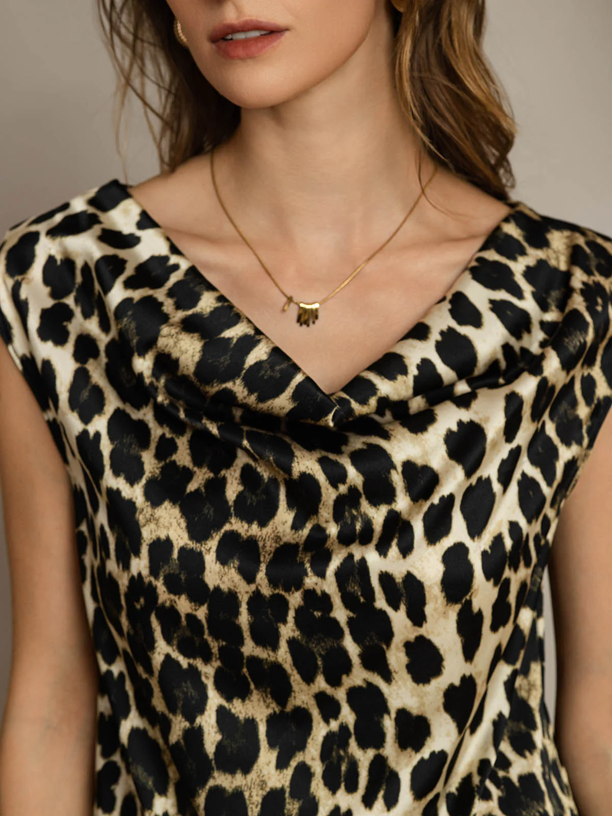 19Momme Silk Leopard Print Cap Sleeve Cowl Neck Women's Top - Image 5