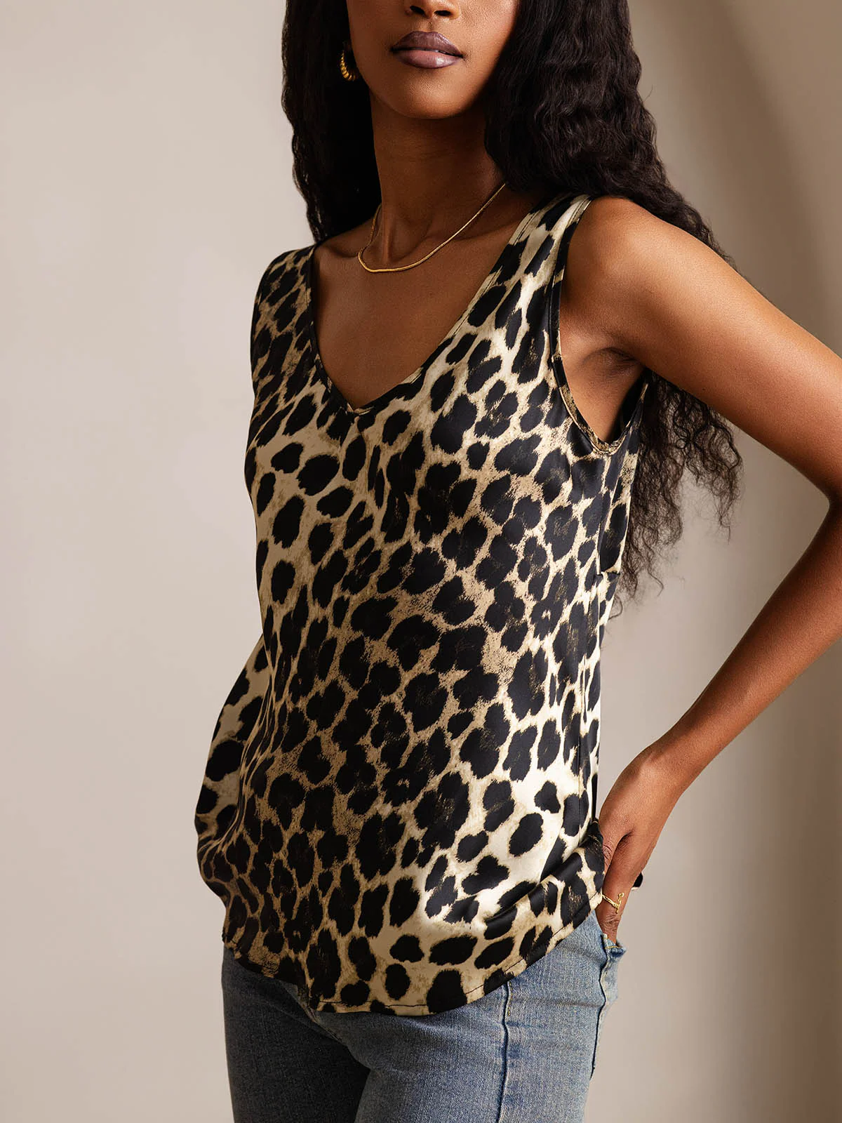 Clearance - 19Momme Silk Leopard Print Sleeveless V Neck Women's Tank Top with V Back Design - Image 8