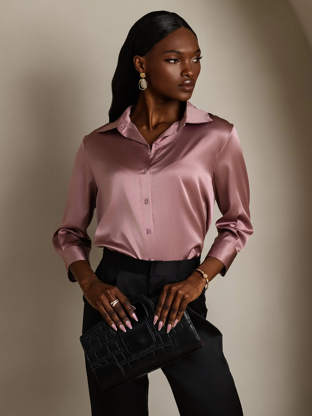 19Momme Silk 3/4 Sleeve Lapel Collar Women's Shirt with Button Up Design - Image 12