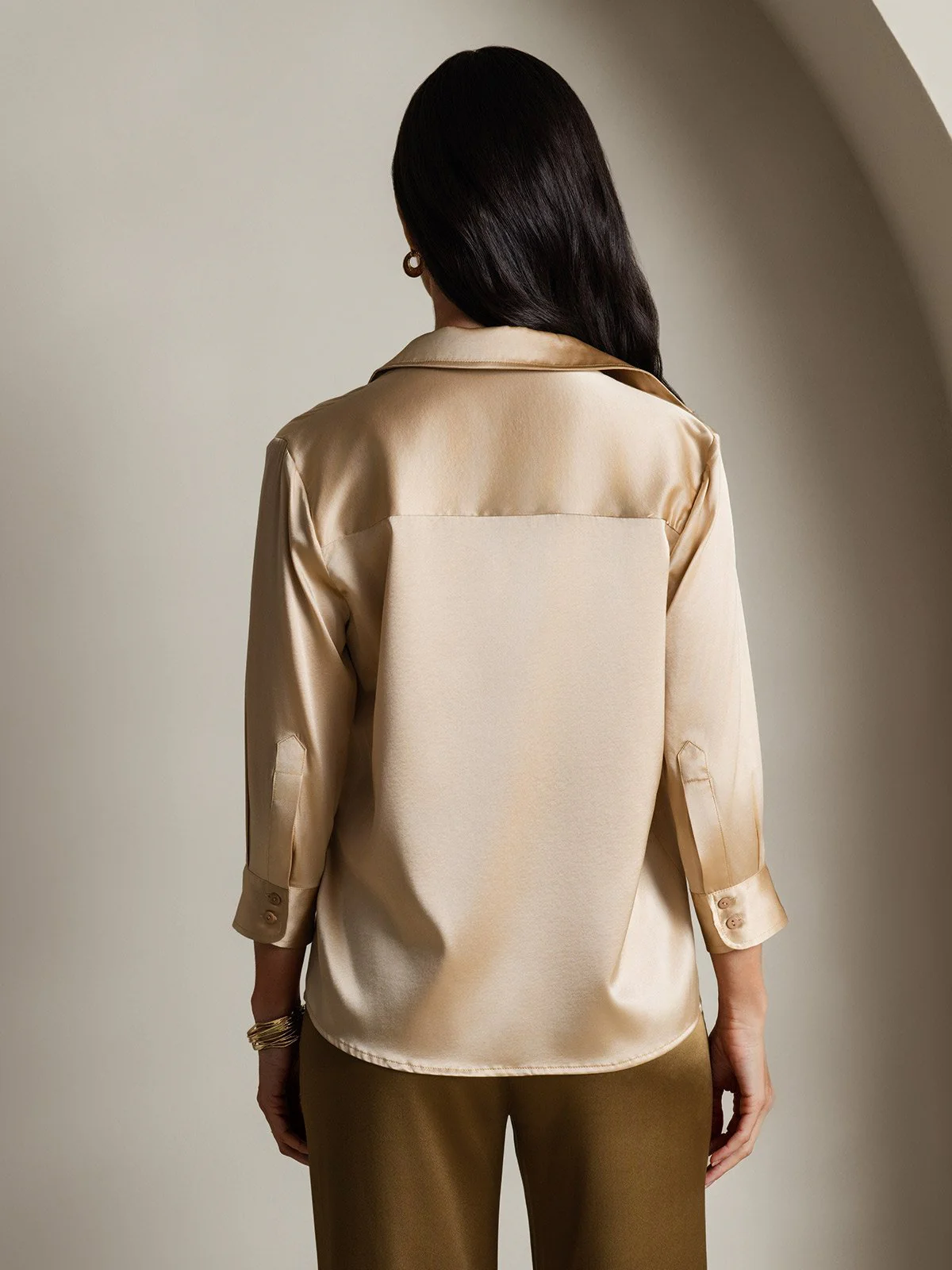 19Momme Silk 3/4 Sleeve Lapel Collar Women's Shirt with Button Up Design - Image 25