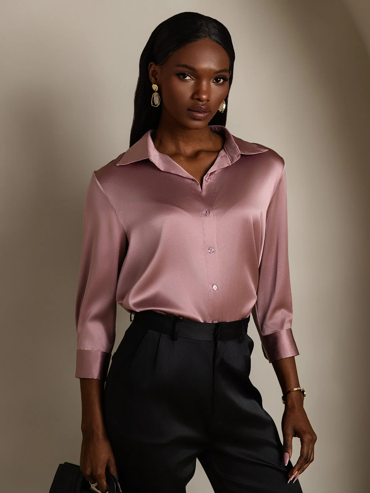 19Momme Silk 3/4 Sleeve Lapel Collar Women's Shirt with Button Up Design - Image 8