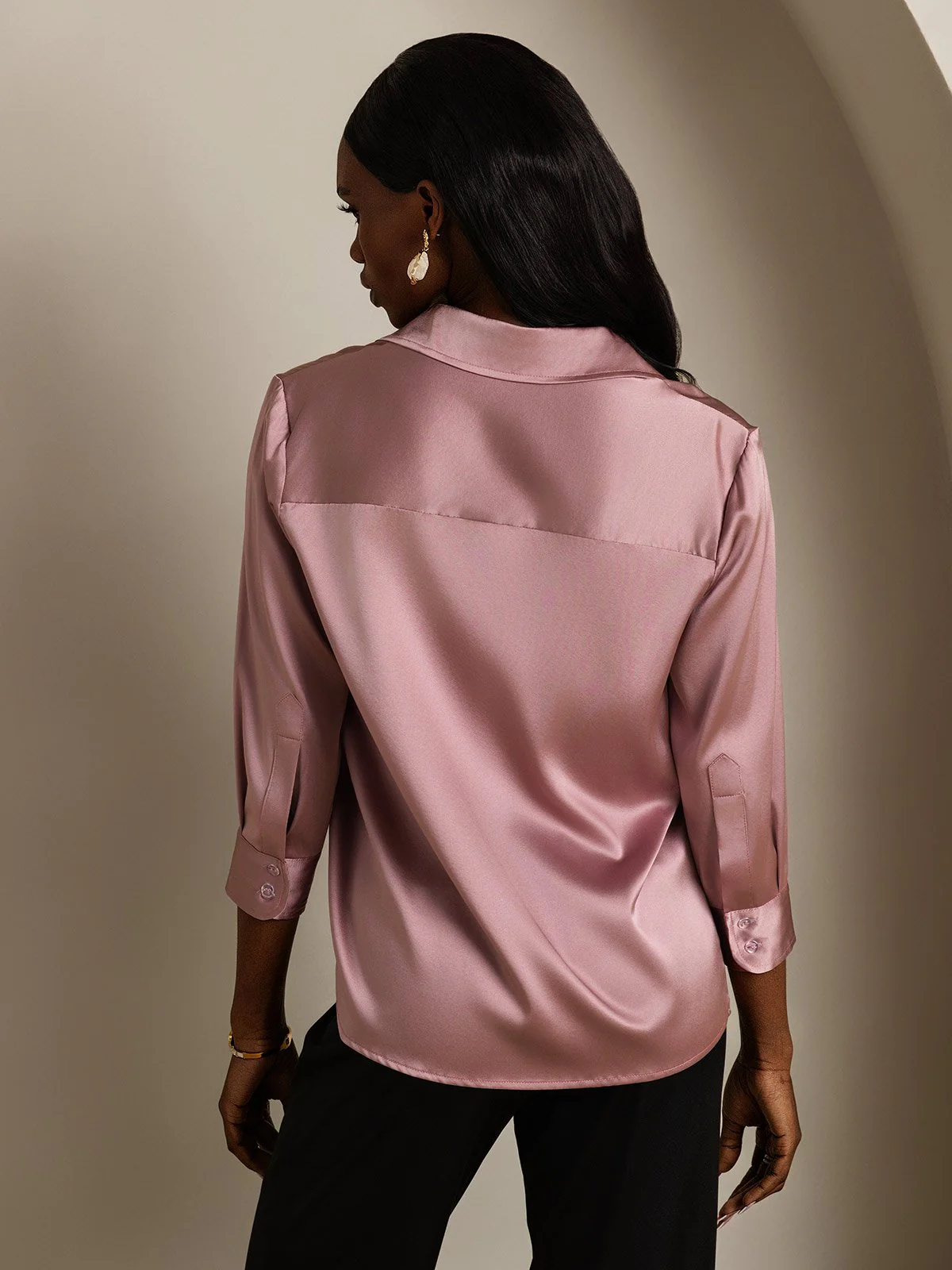 19Momme Silk 3/4 Sleeve Lapel Collar Women's Shirt with Button Up Design - Image 9