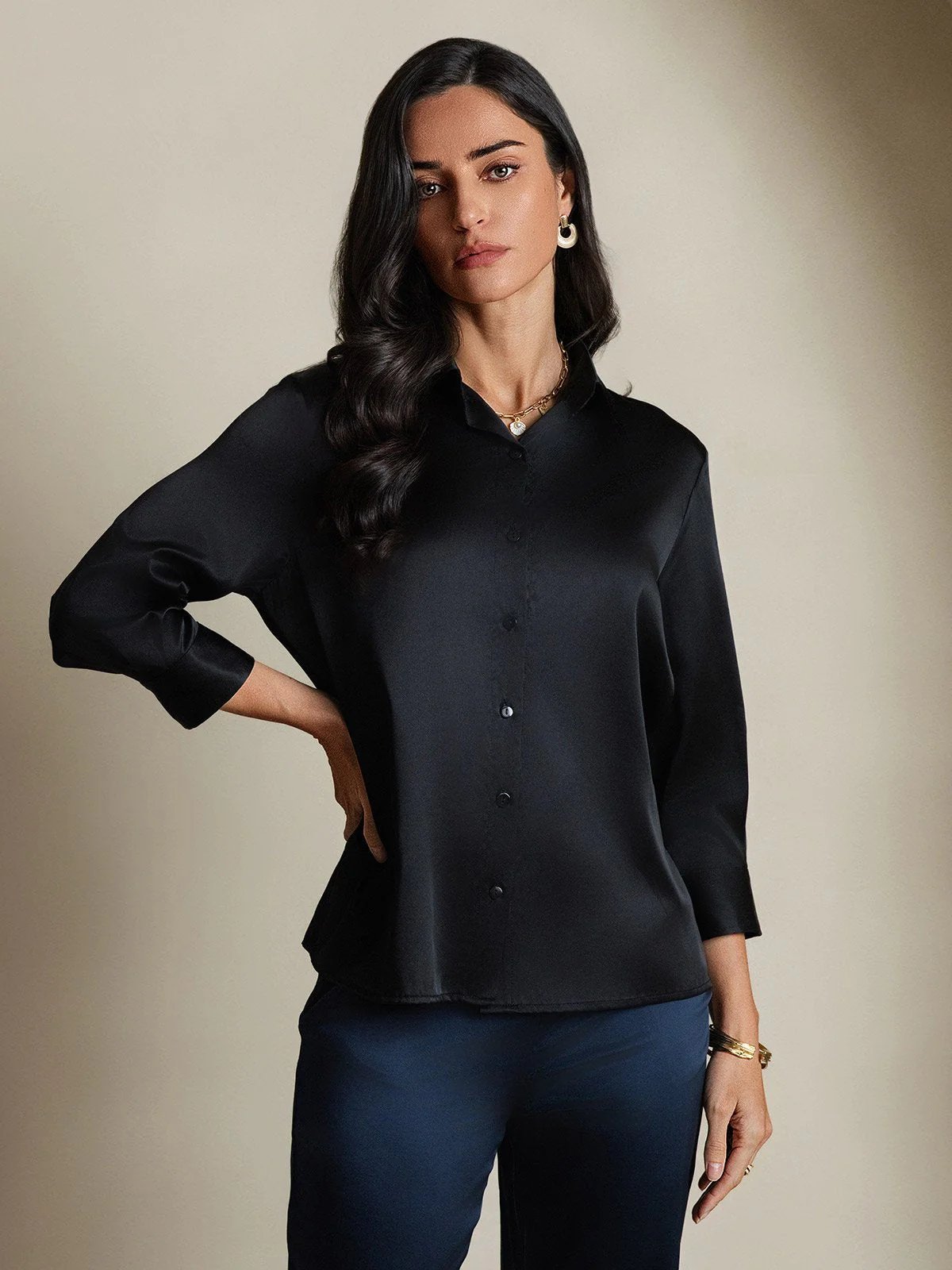 Clearance - 19Momme Silk 3/4 Sleeve Lapel Collar Women's Shirt with Button Up Design - Image 4