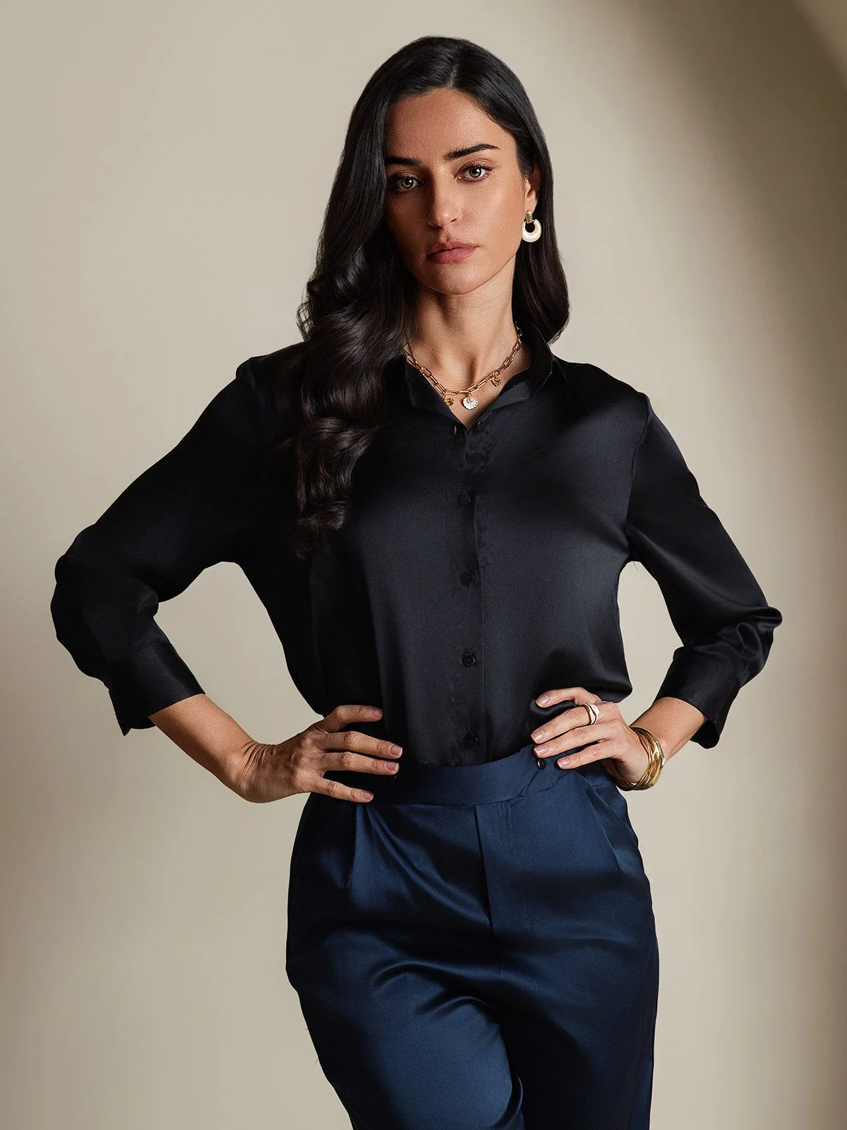 Clearance - 19Momme Silk 3/4 Sleeve Lapel Collar Women's Shirt with Button Up Design - Image 5