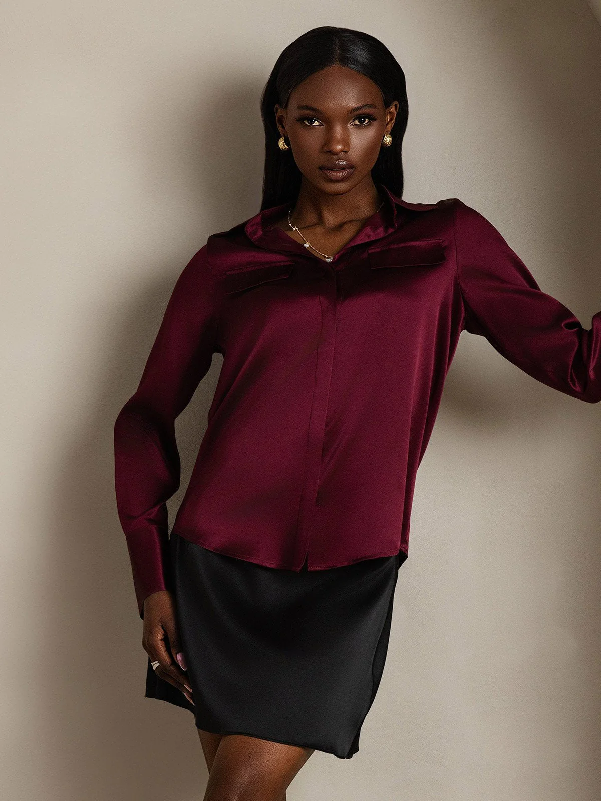 Clearance - Women's 19Momme Silk Long Sleeve Lapel Collar Military Shirt - Image 10