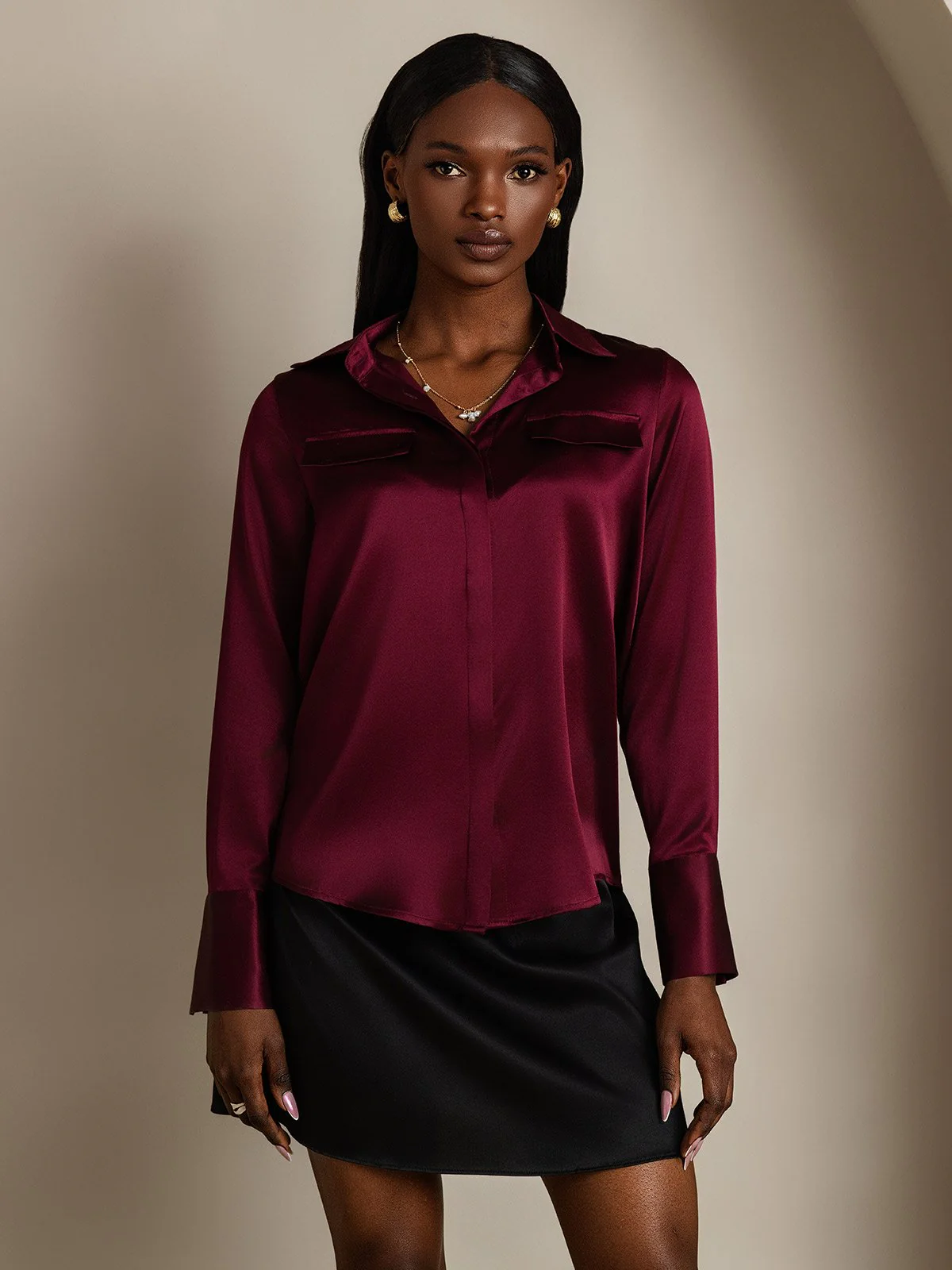 Clearance - Women's 19Momme Silk Long Sleeve Lapel Collar Military Shirt - Image 11