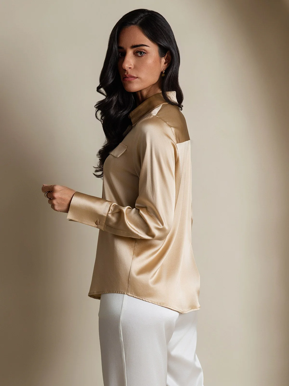 Clearance - Women's 19Momme Silk Long Sleeve Lapel Collar Military Shirt - Image 2