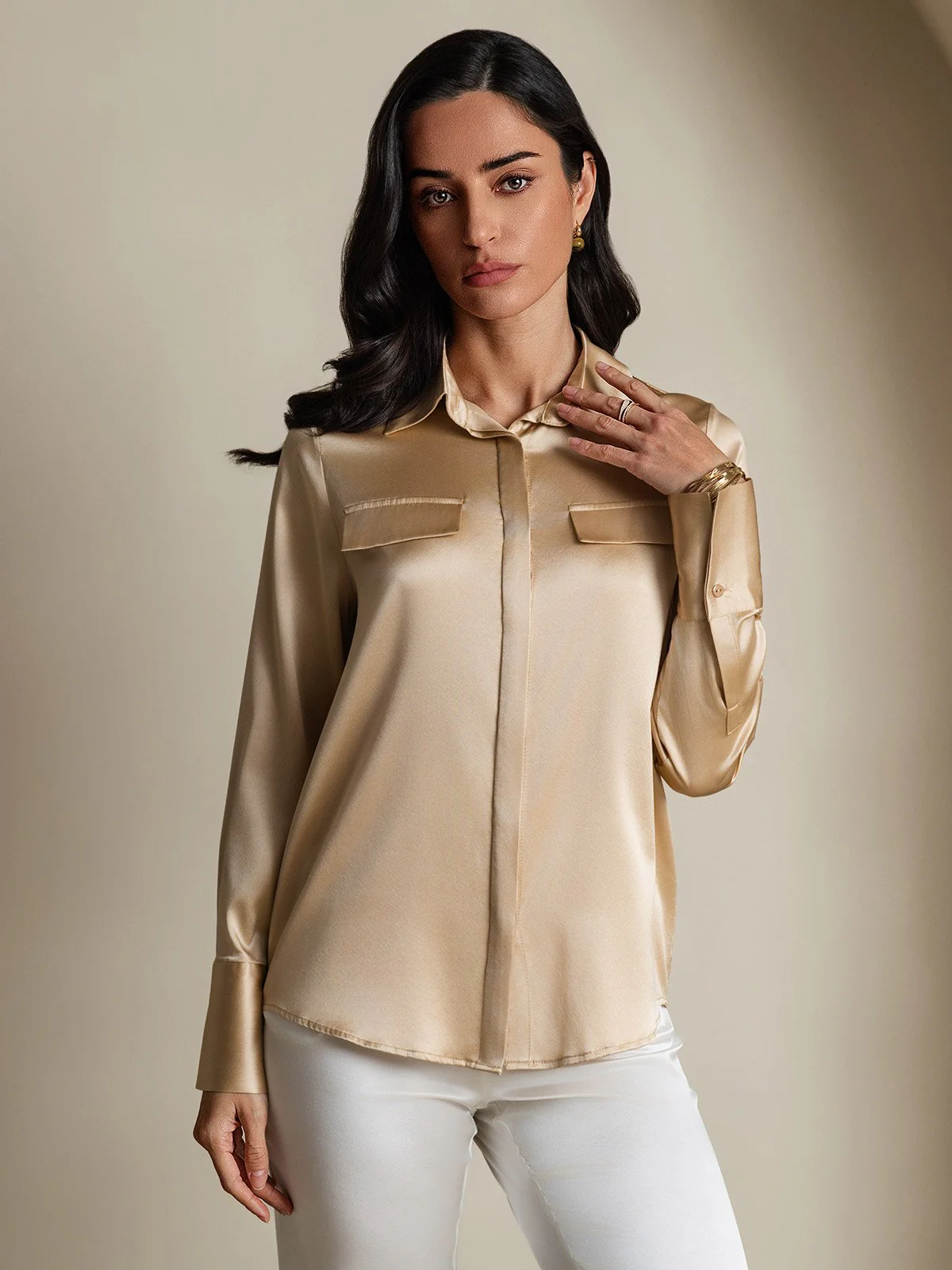 Clearance - Women's 19Momme Silk Long Sleeve Lapel Collar Military Shirt - Image 4