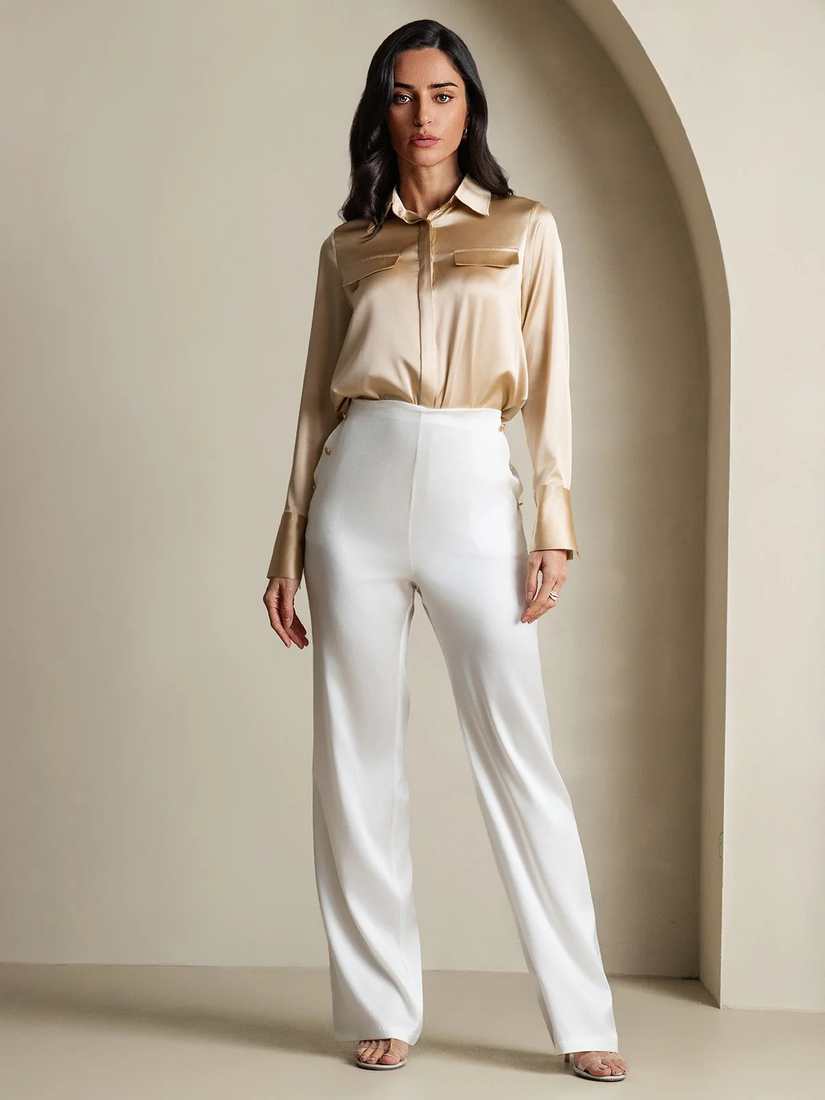 Clearance - Women's 19Momme Silk Long Sleeve Lapel Collar Military Shirt - Image 7