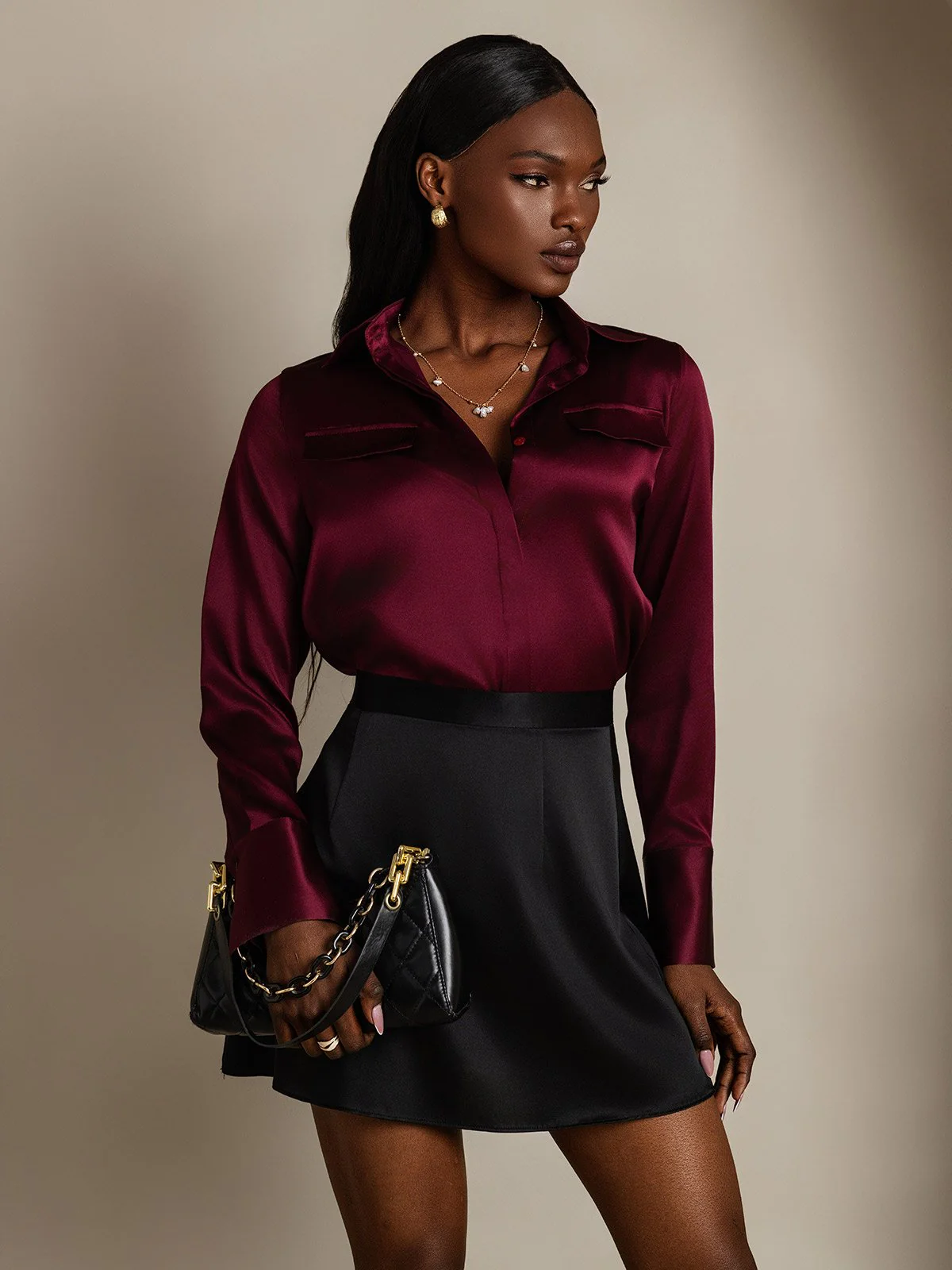 Clearance - Women's 19Momme Silk Long Sleeve Lapel Collar Military Shirt - Image 8
