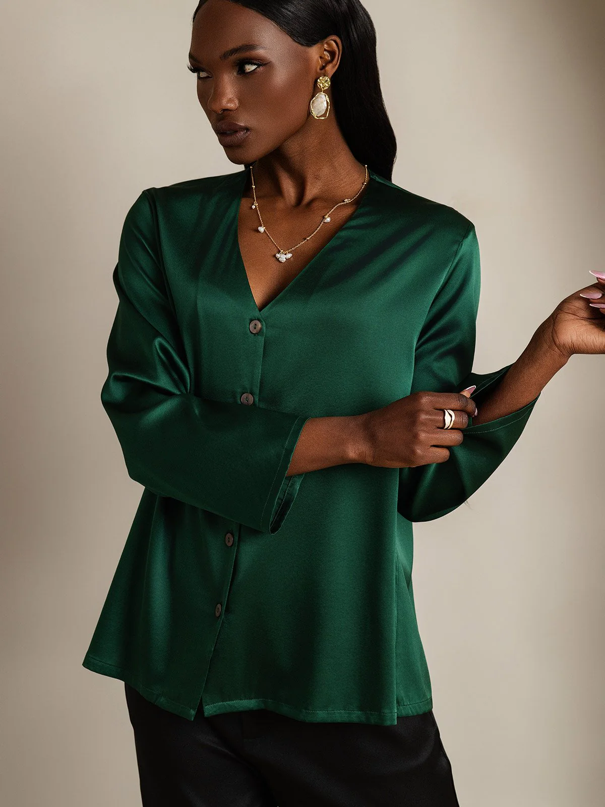 Clearance - 19Momme Silk Long Sleeve V-Neck Blouse - Image 10