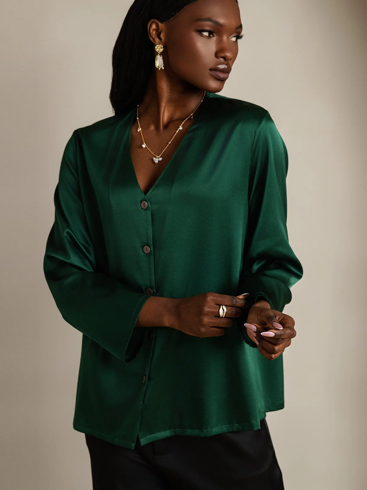 Clearance - 19Momme Silk Long Sleeve V-Neck Blouse - Image 11