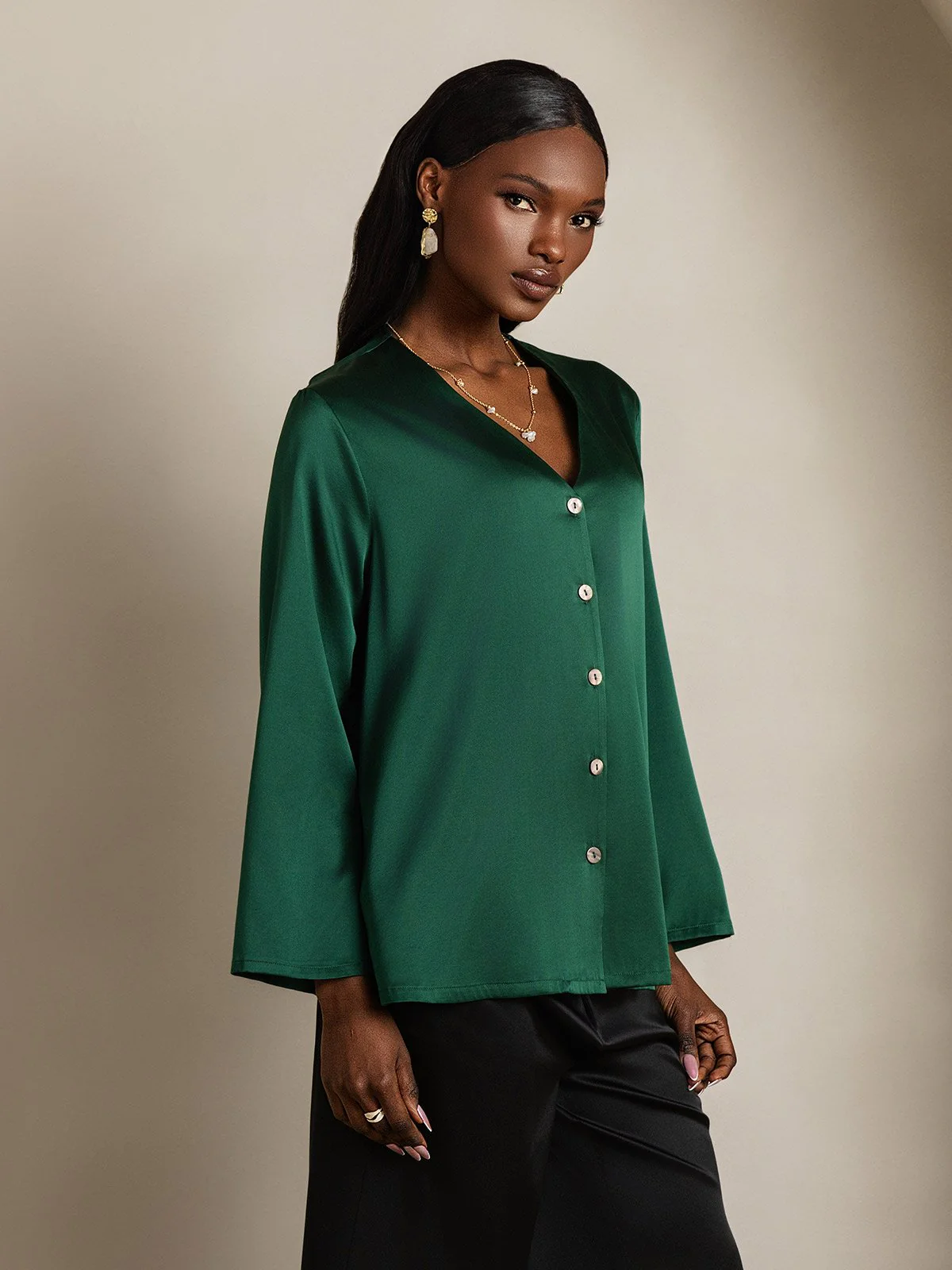Clearance - 19Momme Silk Long Sleeve V-Neck Blouse - Image 13