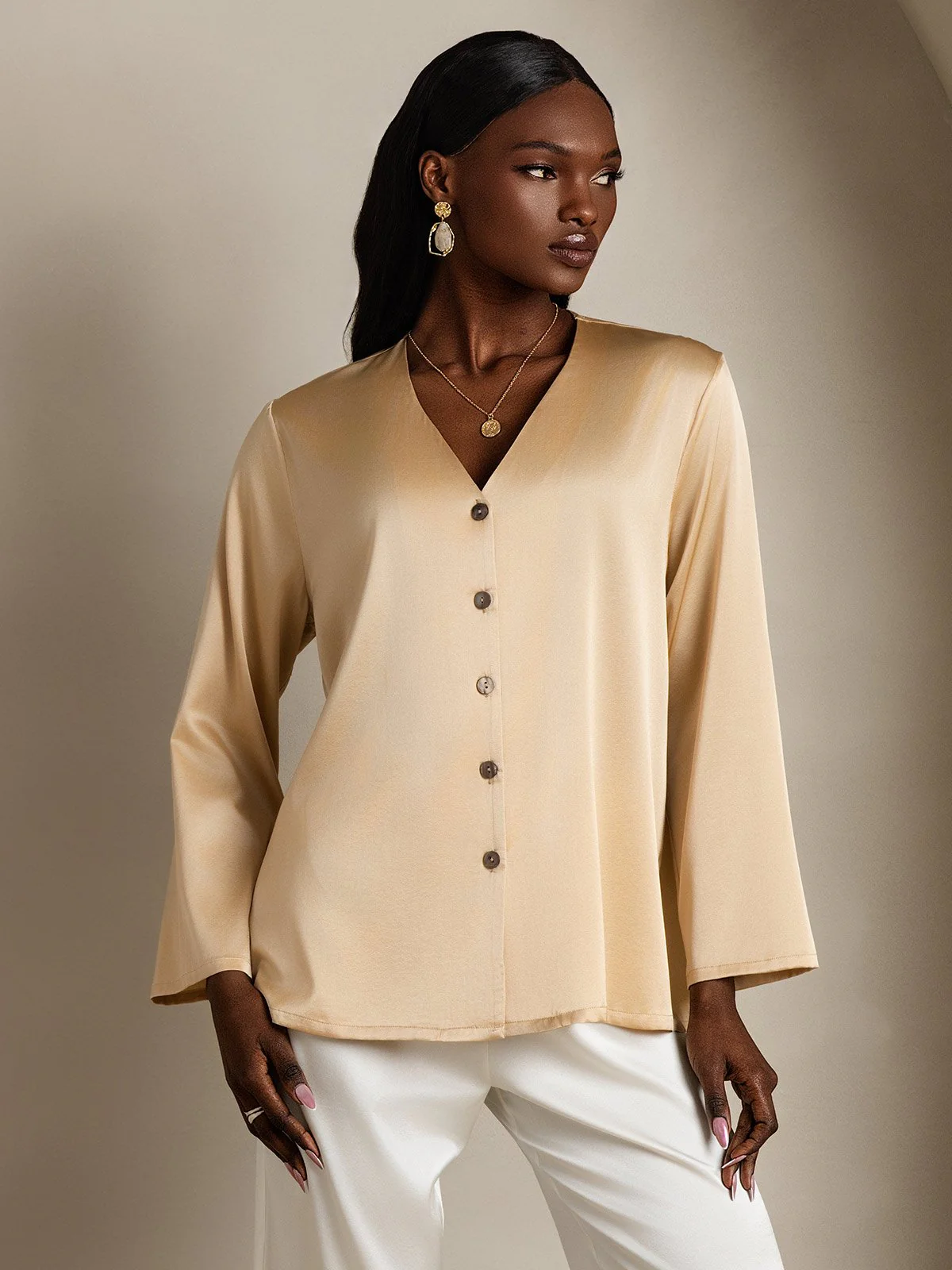Clearance - 19Momme Silk Long Sleeve V-Neck Blouse - Image 15