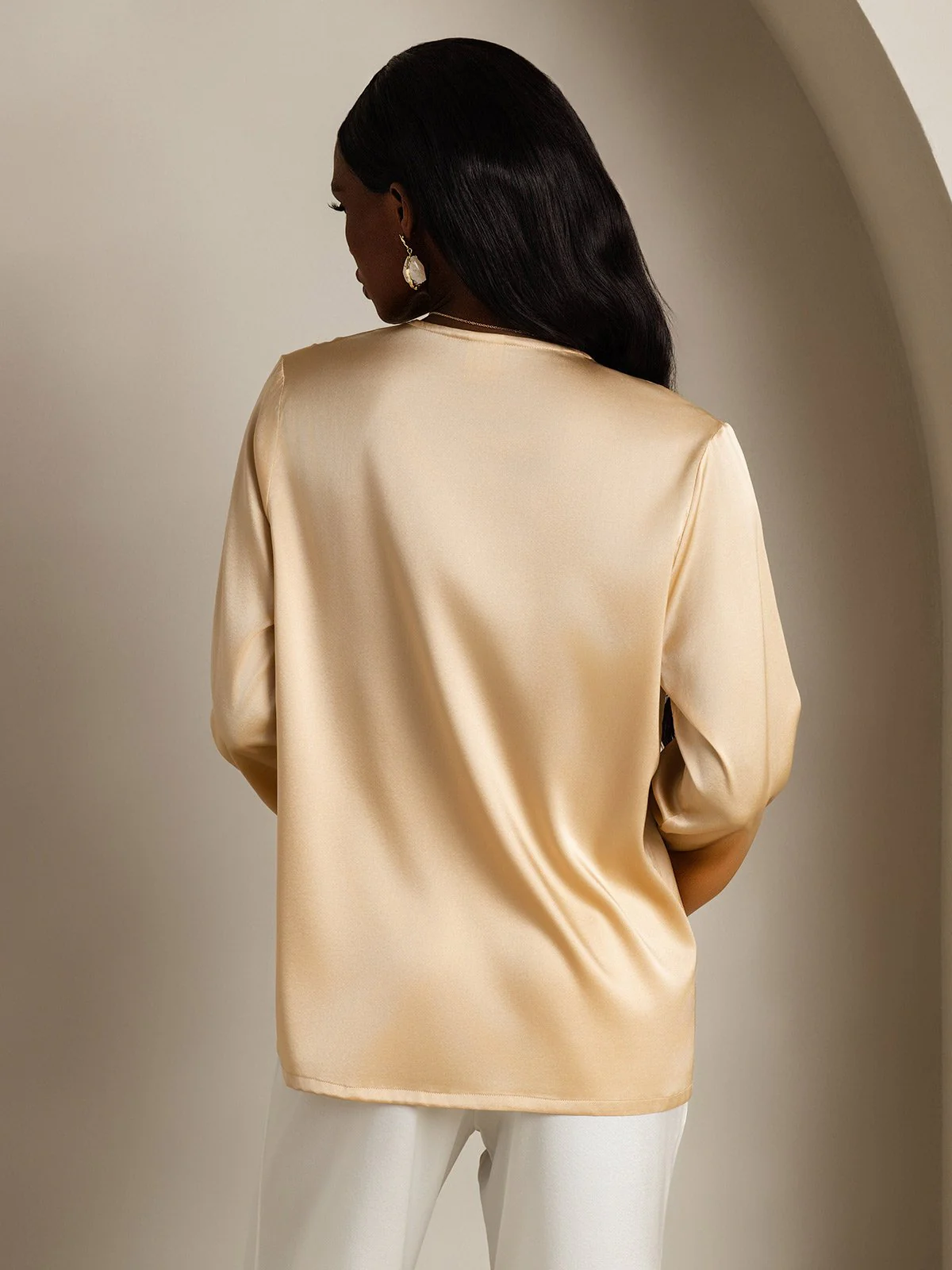 Clearance - 19Momme Silk Long Sleeve V-Neck Blouse - Image 16