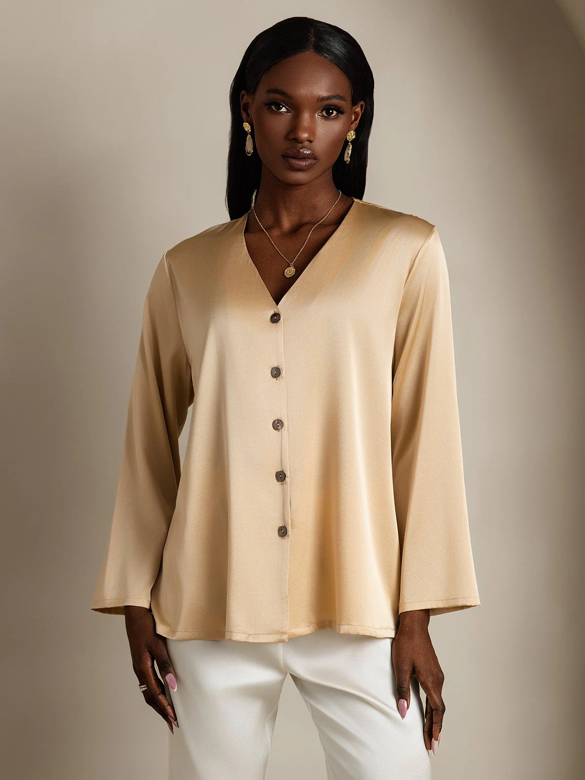 Clearance - 19Momme Silk Long Sleeve V-Neck Blouse - Image 17