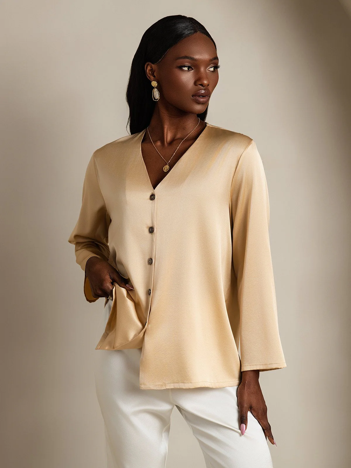 Clearance - 19Momme Silk Long Sleeve V-Neck Blouse - Image 18