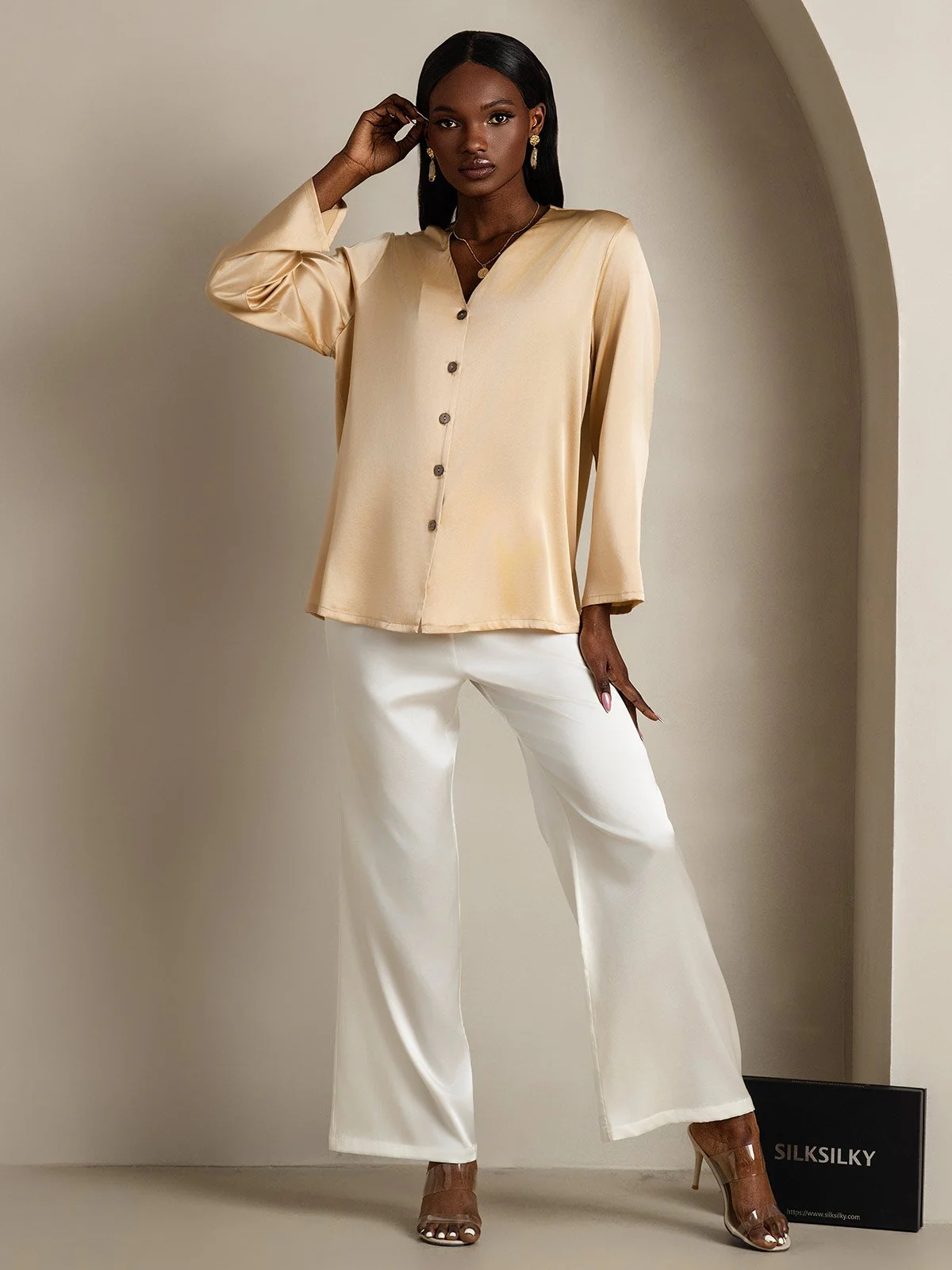 Clearance - 19Momme Silk Long Sleeve V-Neck Blouse - Image 19