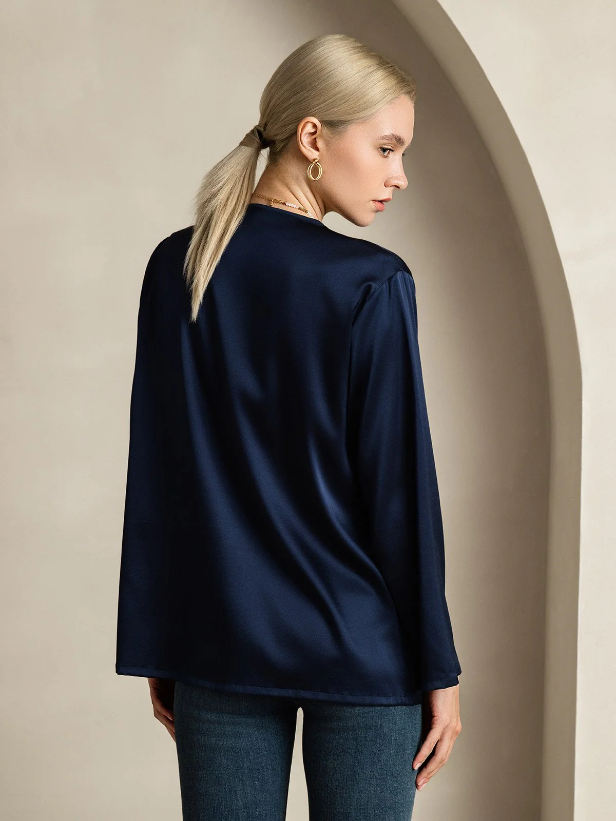 Clearance - 19Momme Silk Long Sleeve V-Neck Blouse - Image 2