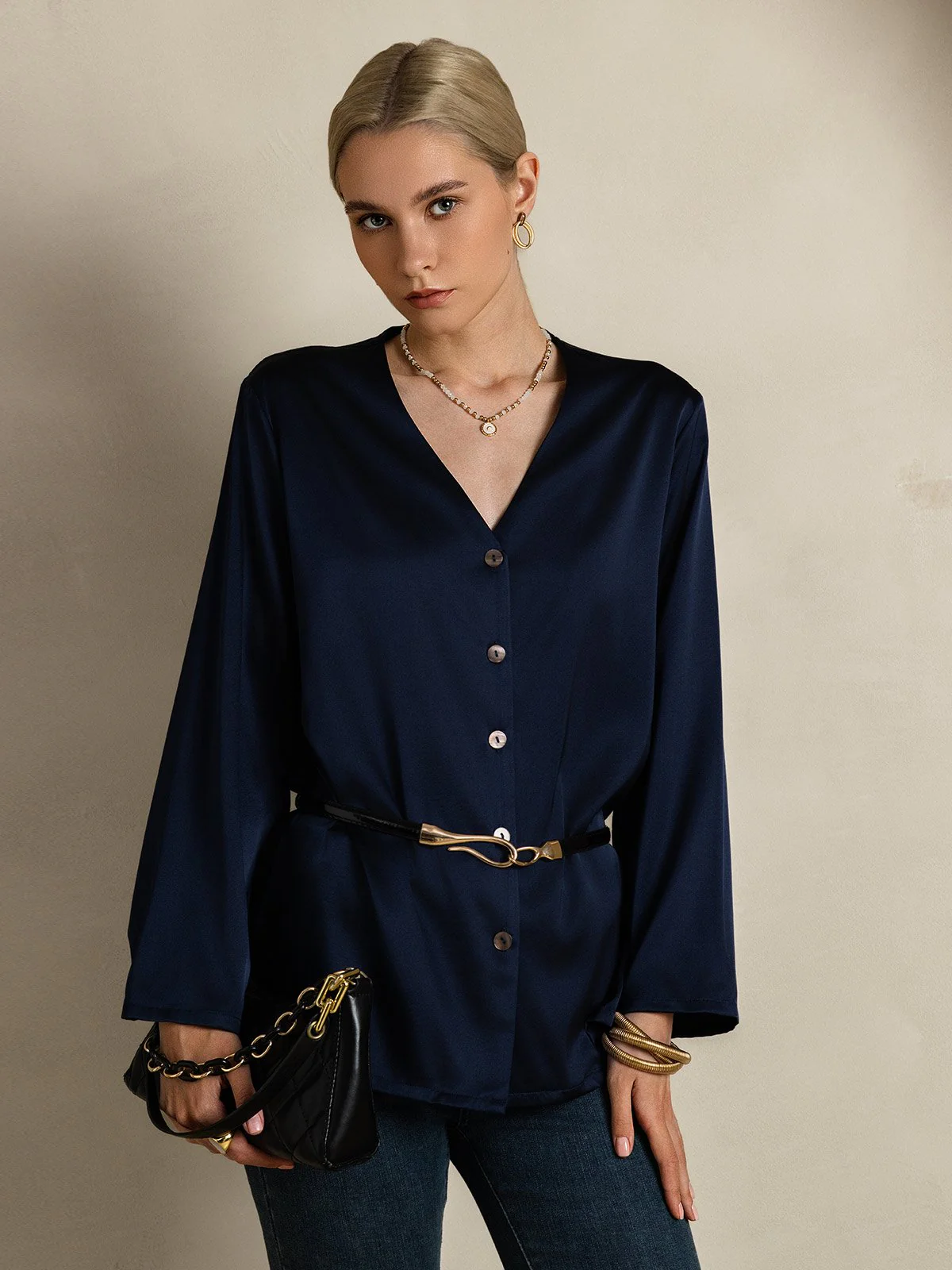 Clearance - 19Momme Silk Long Sleeve V-Neck Blouse - Image 4