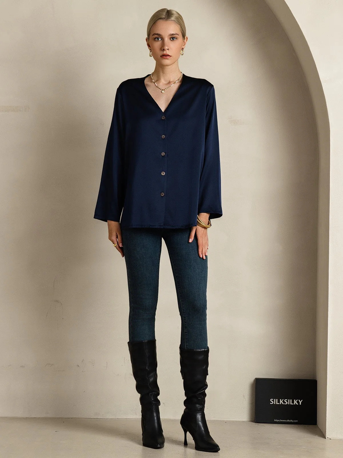 Clearance - 19Momme Silk Long Sleeve V-Neck Blouse - Image 6