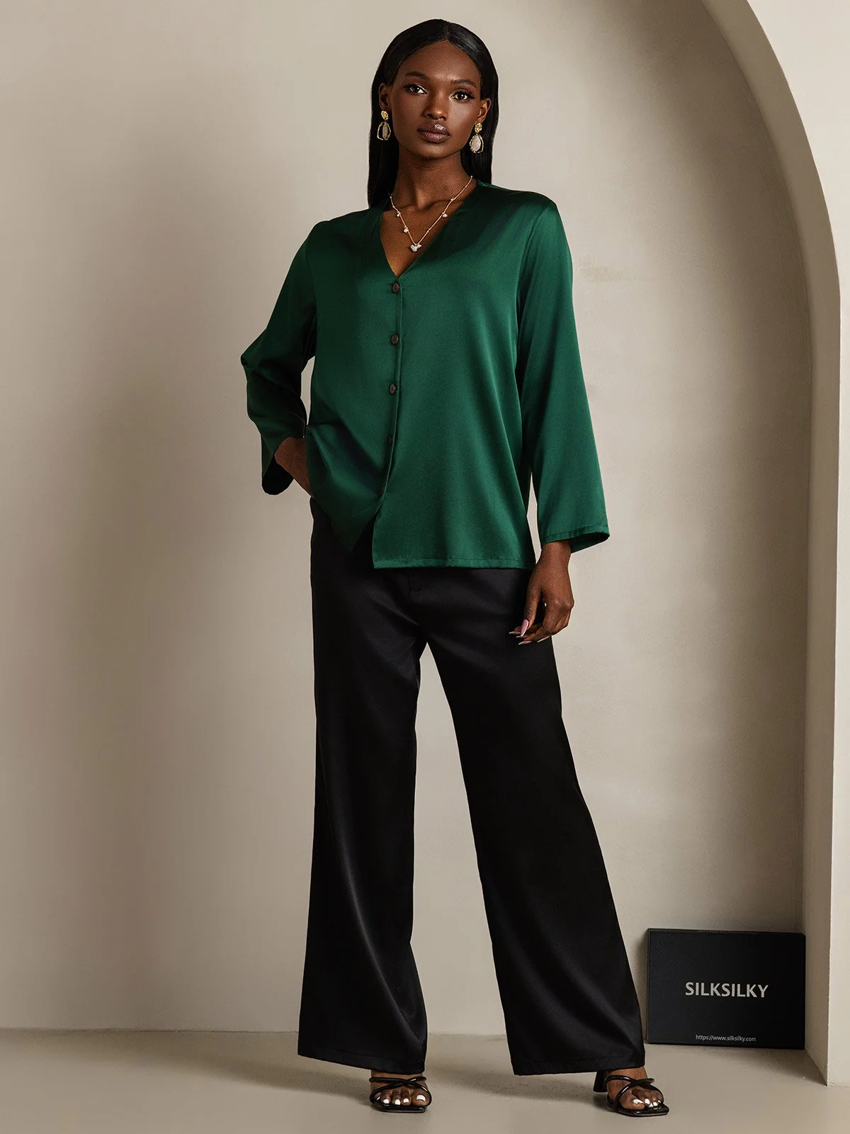 Clearance - 19Momme Silk Long Sleeve V-Neck Blouse - Image 8