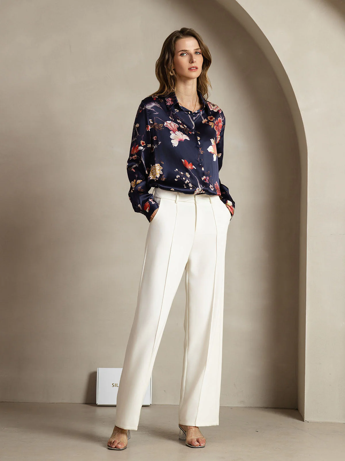 19Momme Silk Navy Floral Print Long Sleeve Lapel Collar Women's Shirt - Image 3