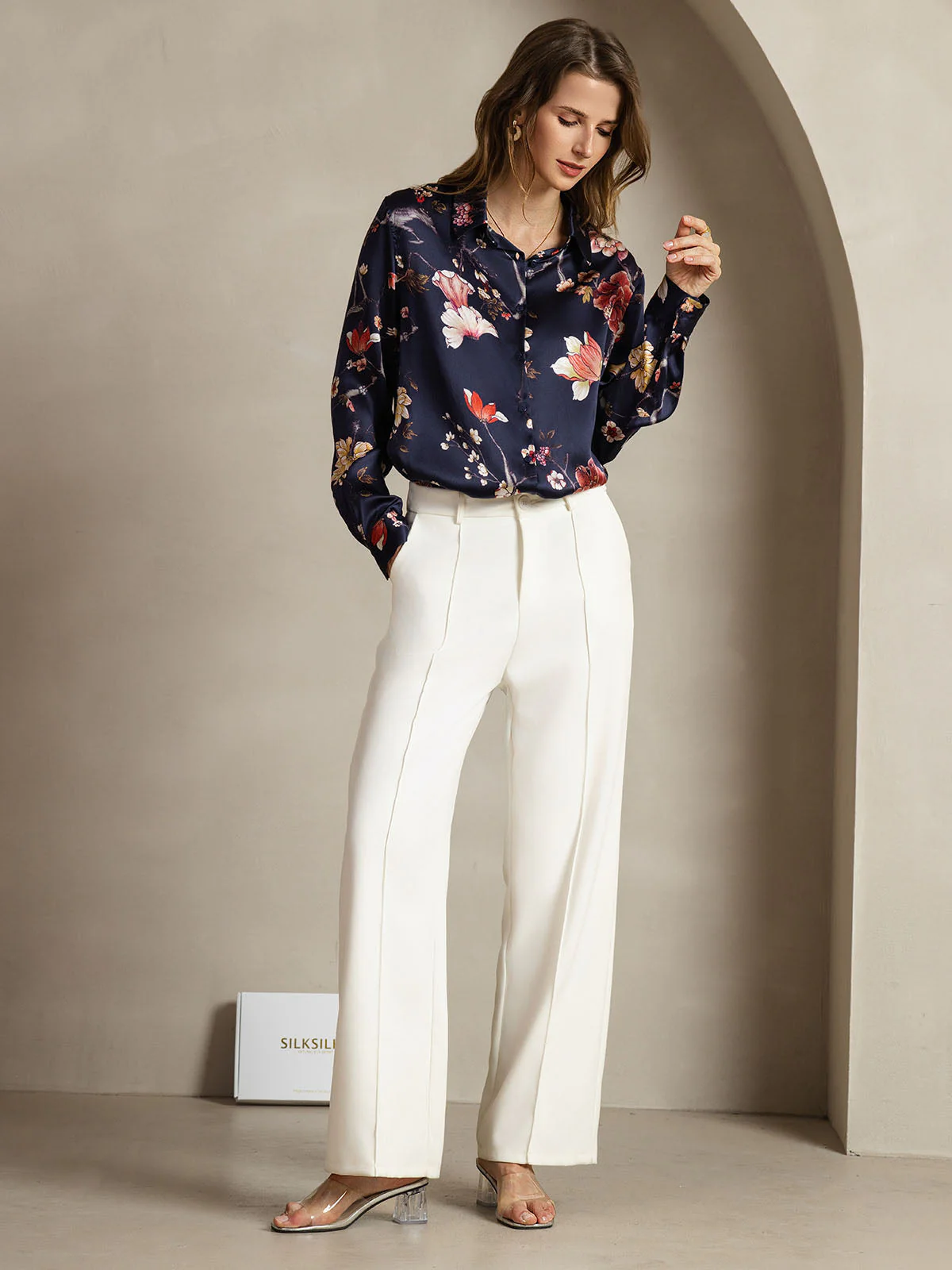 19Momme Silk Navy Floral Print Long Sleeve Lapel Collar Women's Shirt - Image 6