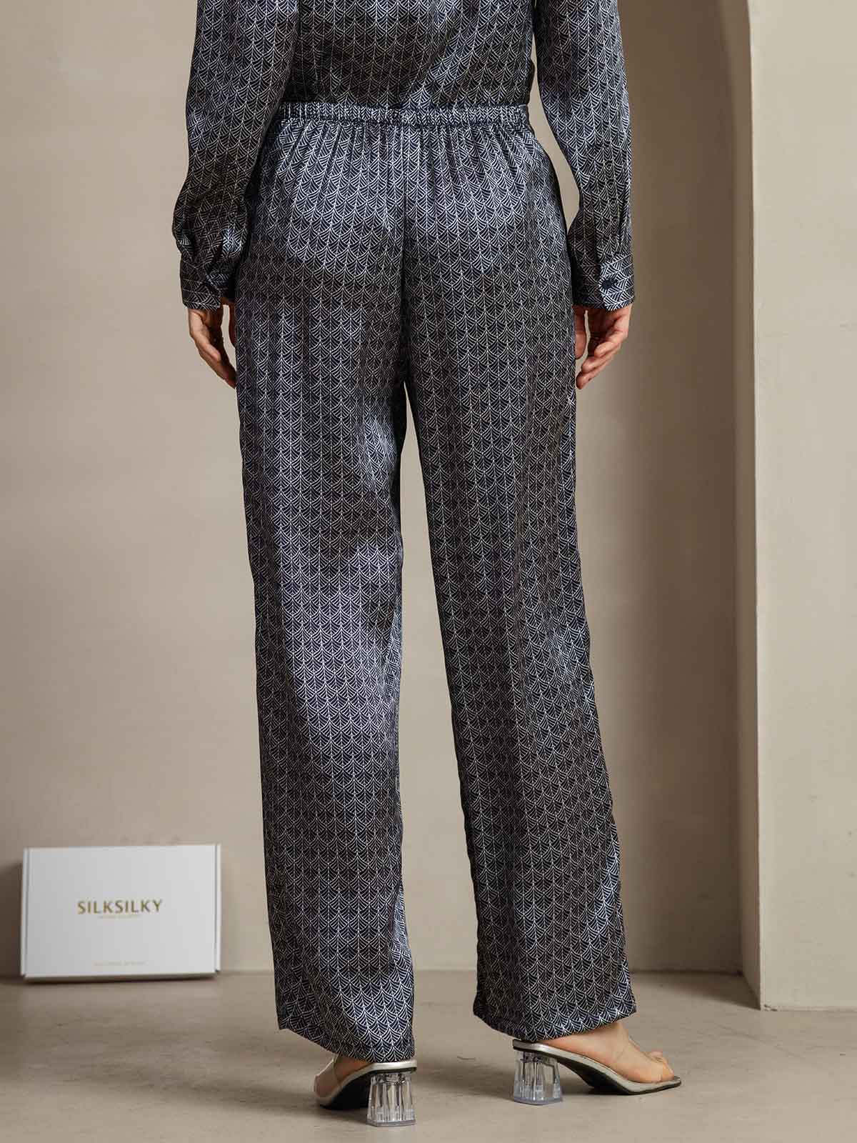 19Momme Silk Navy Ginkgo Print Wide Leg Women's Pants With Side Pockets Design - Image 2