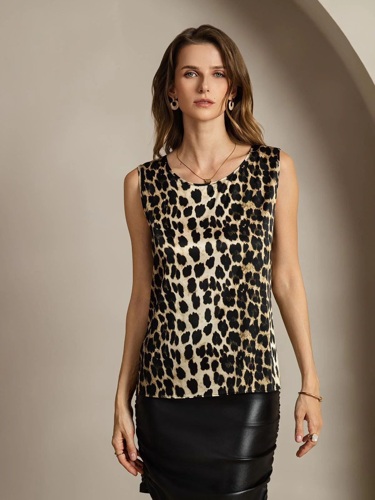 Clearance - 19Momme Women's Silk Leopard Print Sleeveless Round Neck Tank Top - Image 3