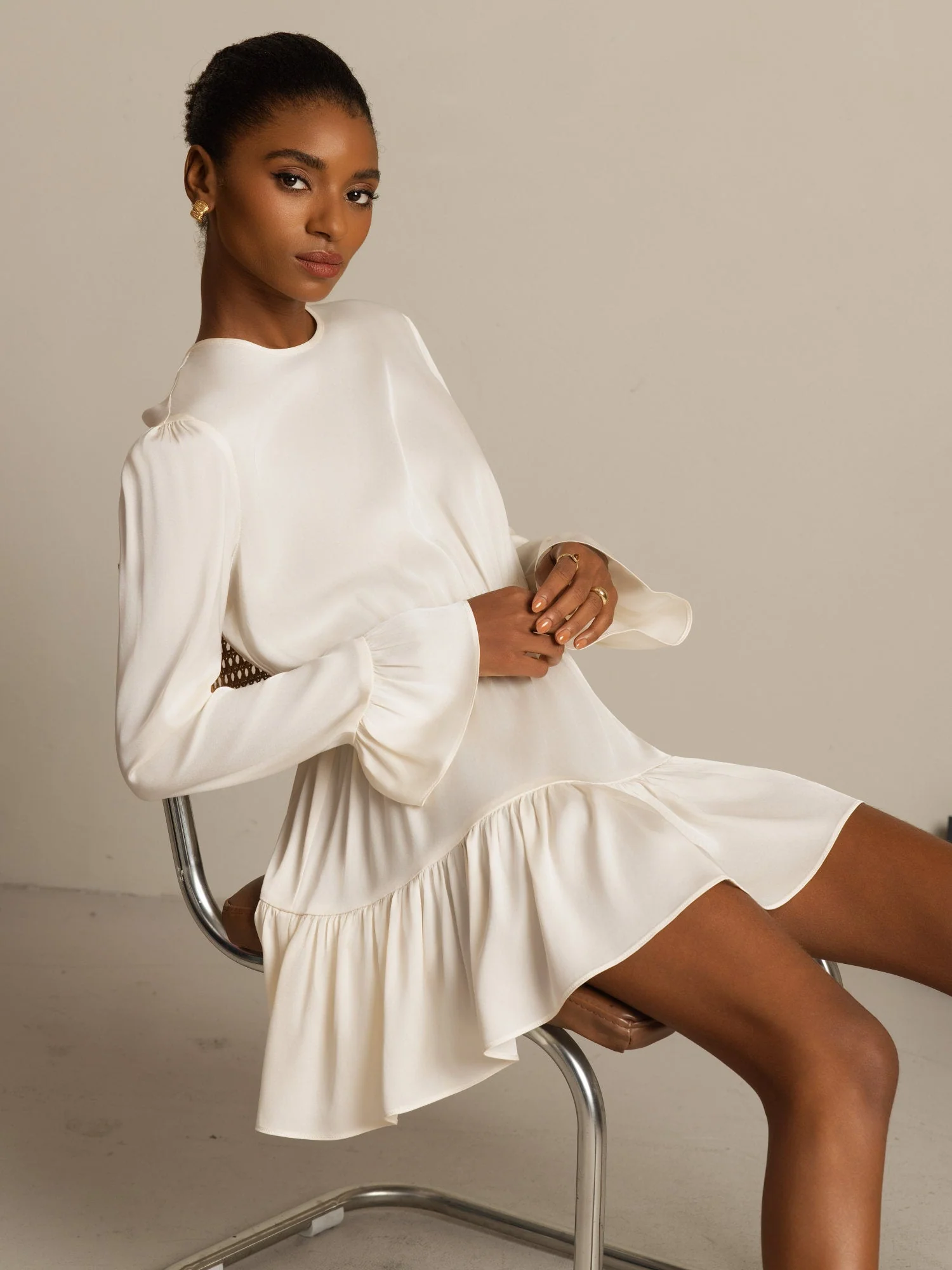 19Momme Silk  Ruffle Sleeves Short A-Line Flowy Dress - Image 22