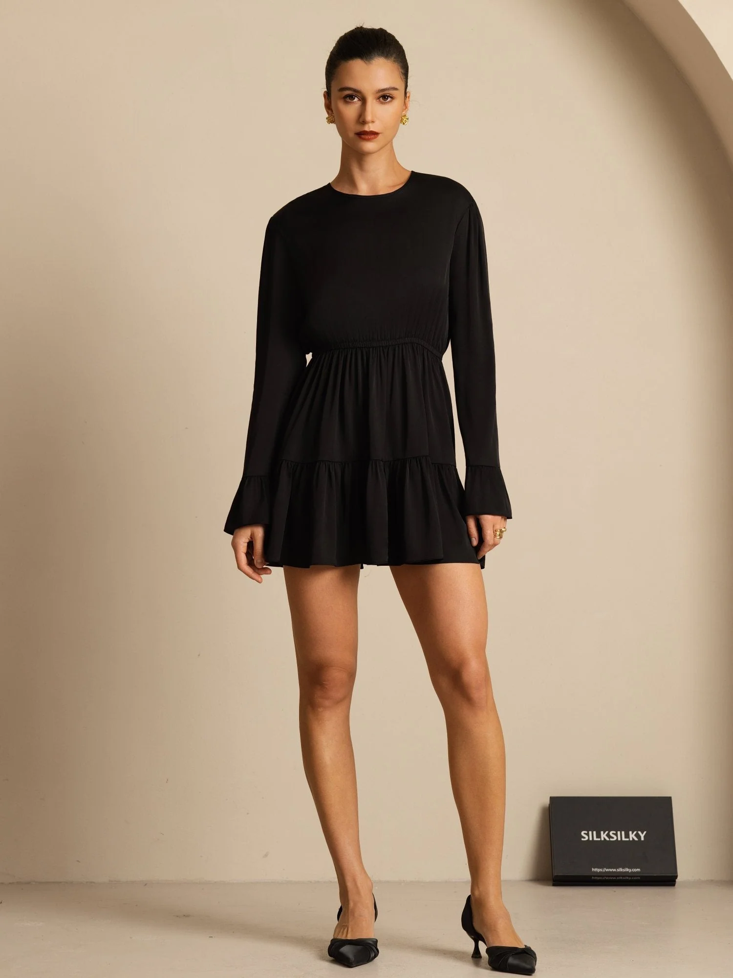 19Momme Silk  Ruffle Sleeves Short A-Line Flowy Dress - Image 9