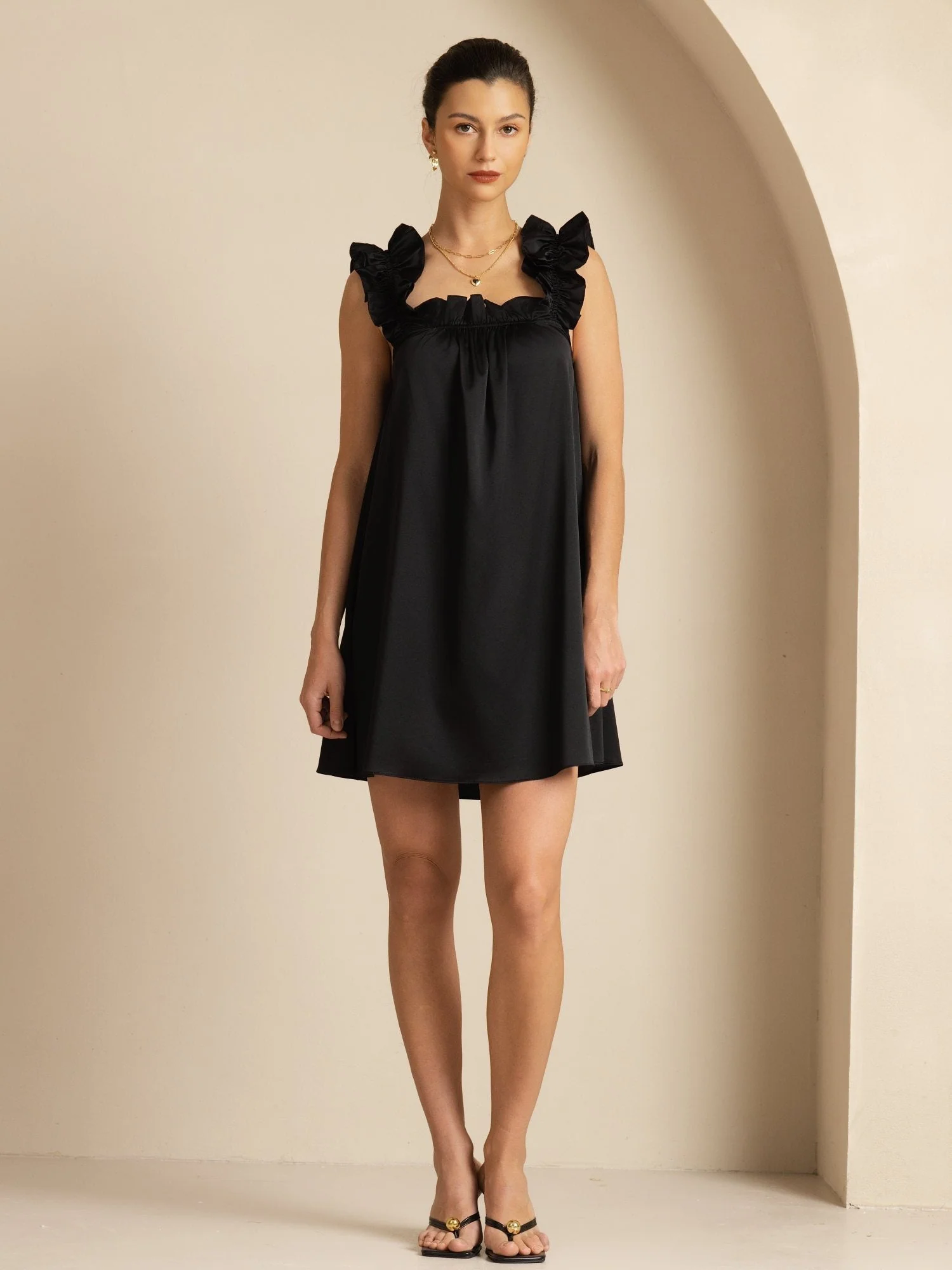19Momme Silk Ruffle Strap Square Neck  Babydoll A-Line Short Dress - Image 17