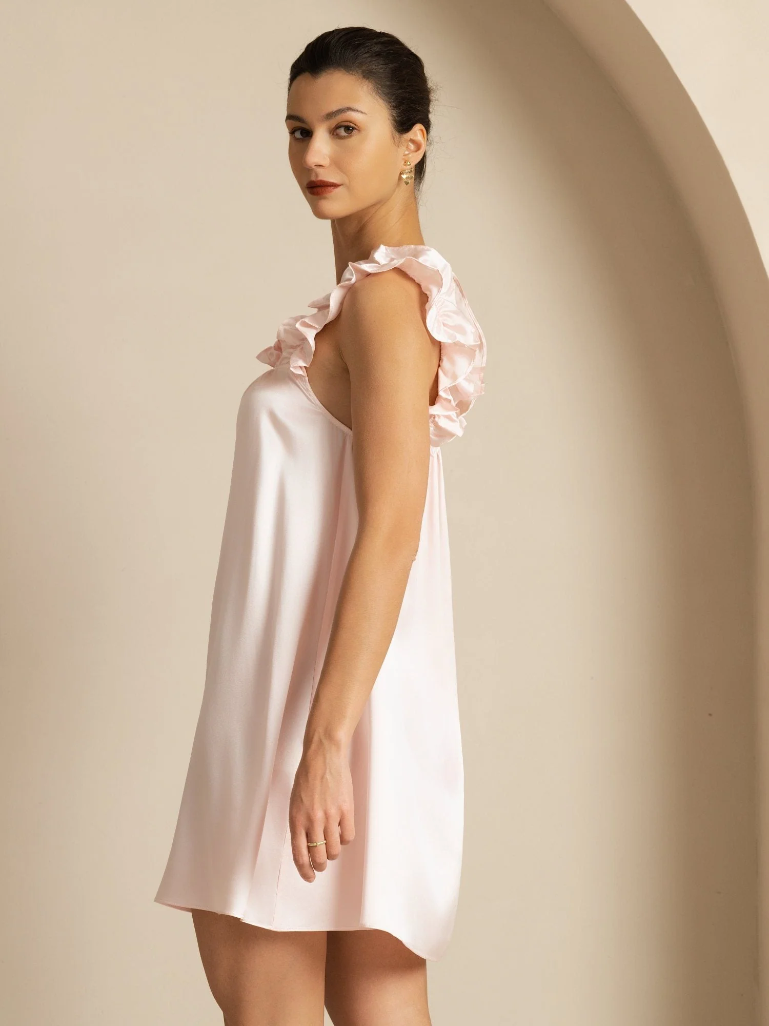 19Momme Silk Ruffle Strap Square Neck  Babydoll A-Line Short Dress - Image 4