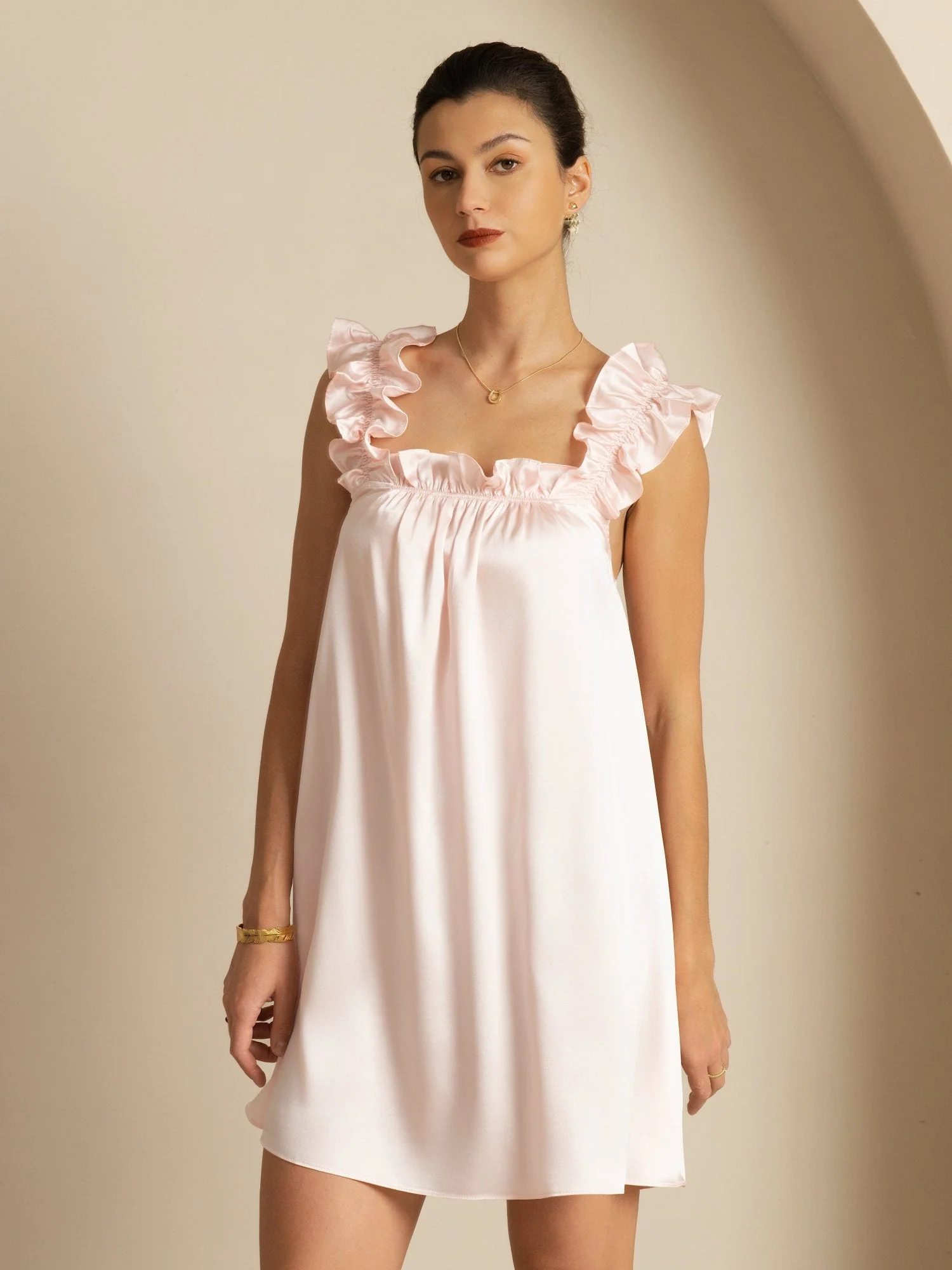 19Momme Silk Ruffle Strap Square Neck  Babydoll A-Line Short Dress - Image 6