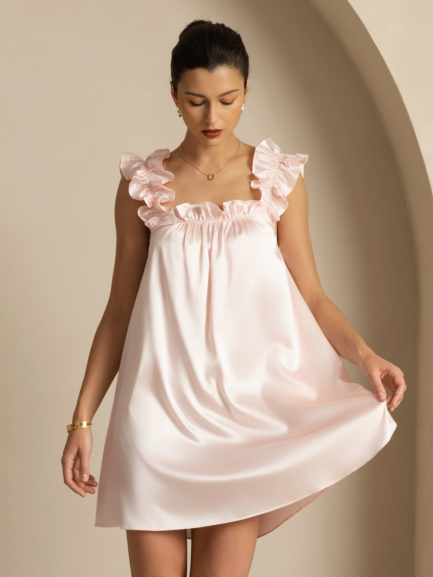 19Momme Silk Ruffle Strap Square Neck  Babydoll A-Line Short Dress - Image 7