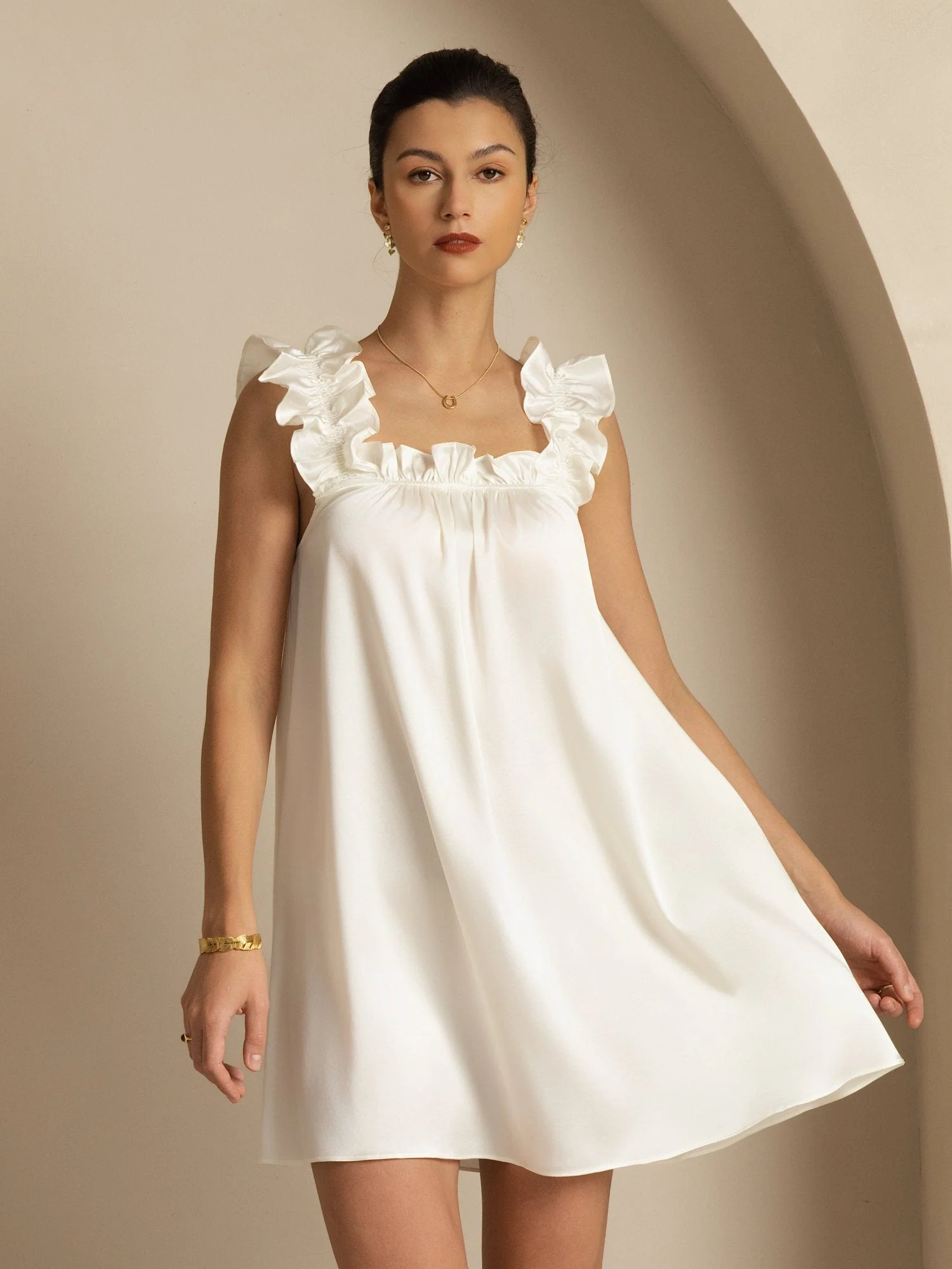 19Momme Silk Ruffle Strap Square Neck  Babydoll A-Line Short Dress - Image 9